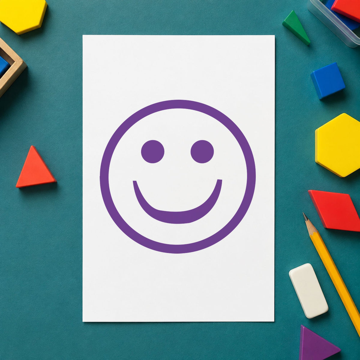 Crisp "Smiley face" imprint produced by the Xstamper Smiley Face Stamp – Round Violet Pre-Inked