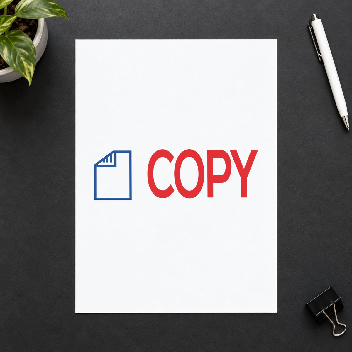 "Copy" imprint at 1-5/8 x 1/2 in, no separate ink pad required
