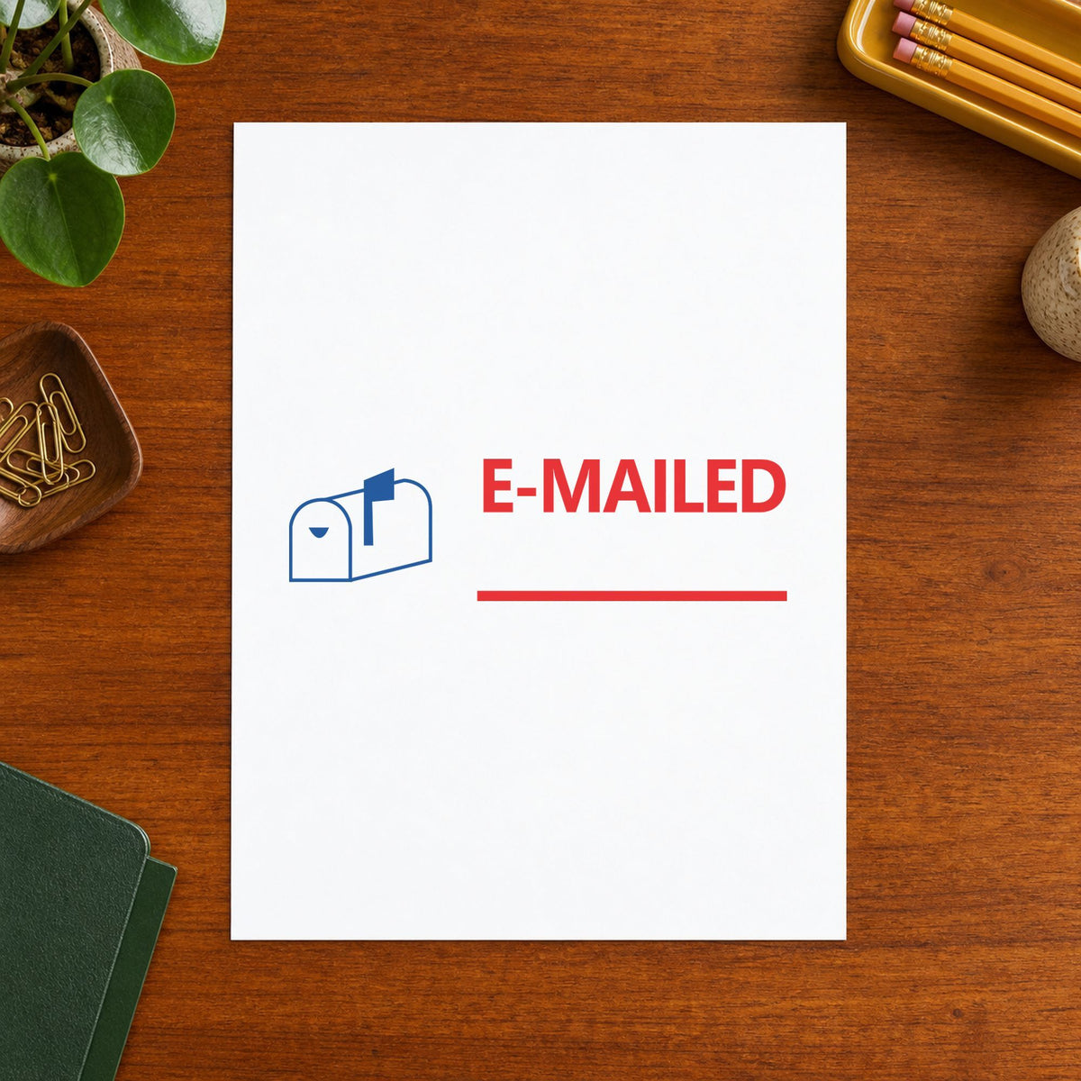"Emailed" impression shown close up, rectangular imprint at 1-5/8 x 1/2 in