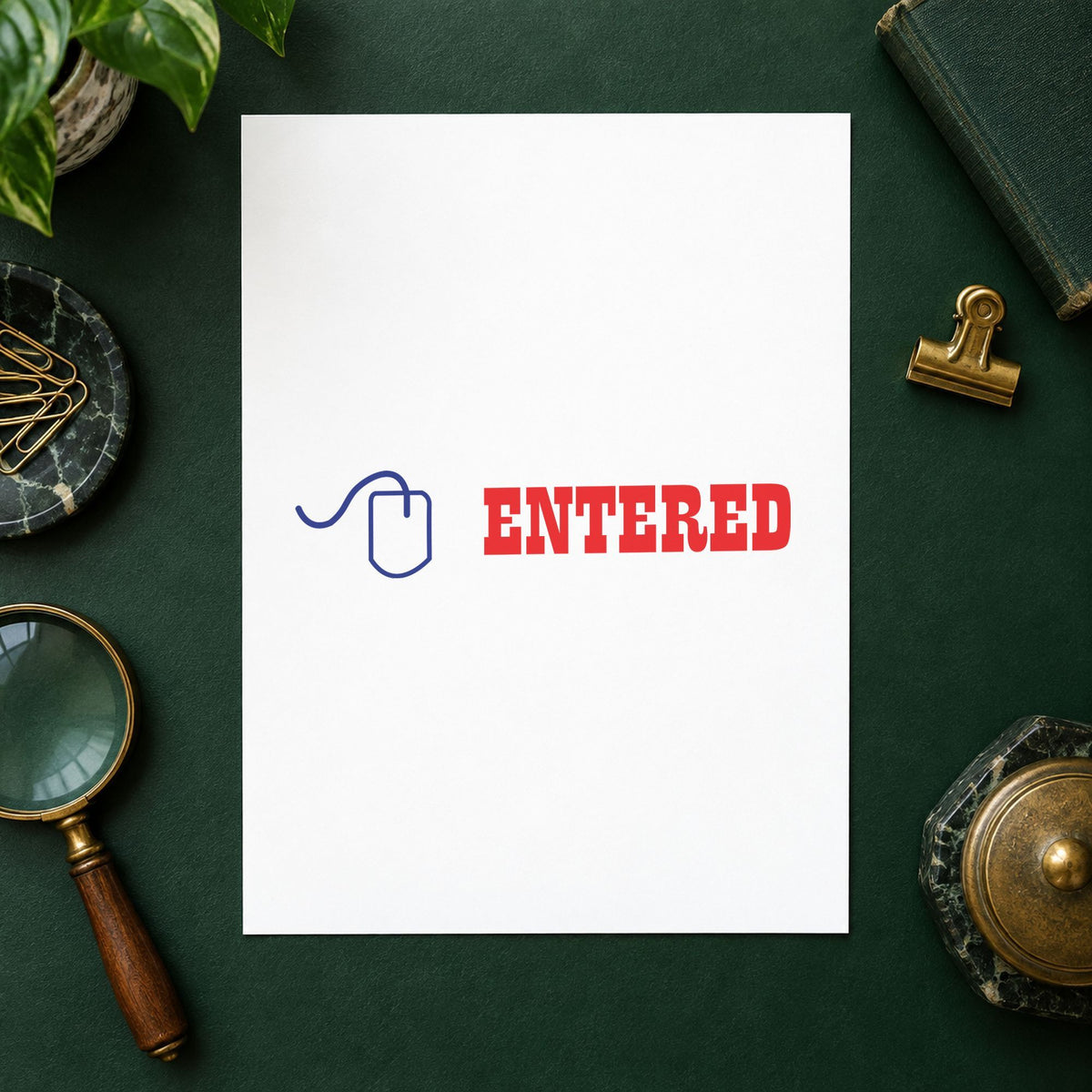 "Entered" imprint stamped on a document with the Two-Color Entered Stamp