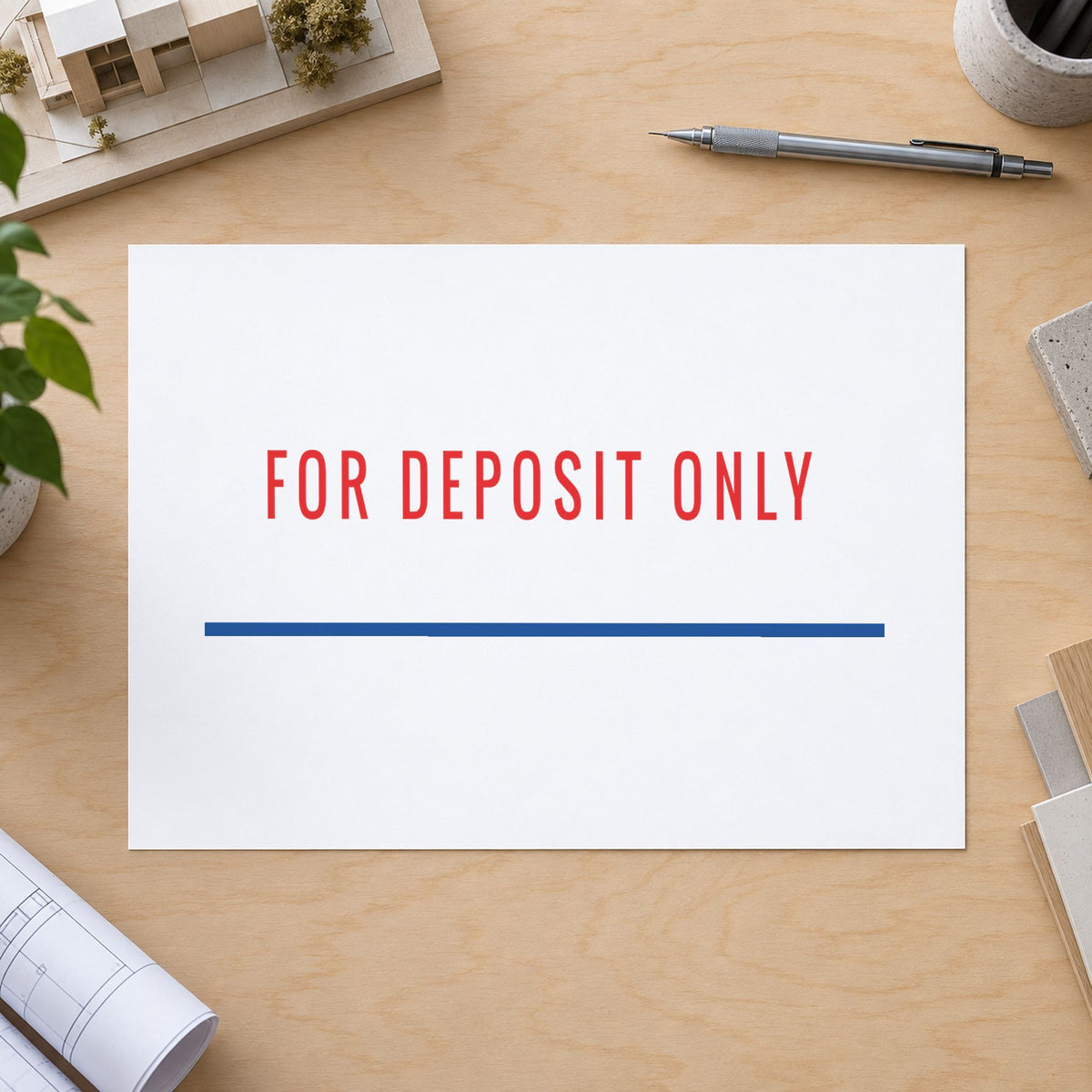 "For deposit only" mark added to paperwork with a pre-inked Xstamper stamp