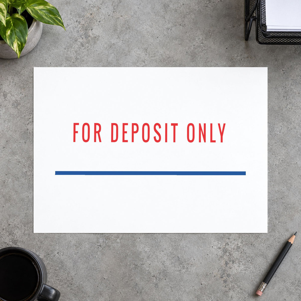 "For deposit only" impression shown close up, rectangular imprint at 1/2 x 1-5/8 in