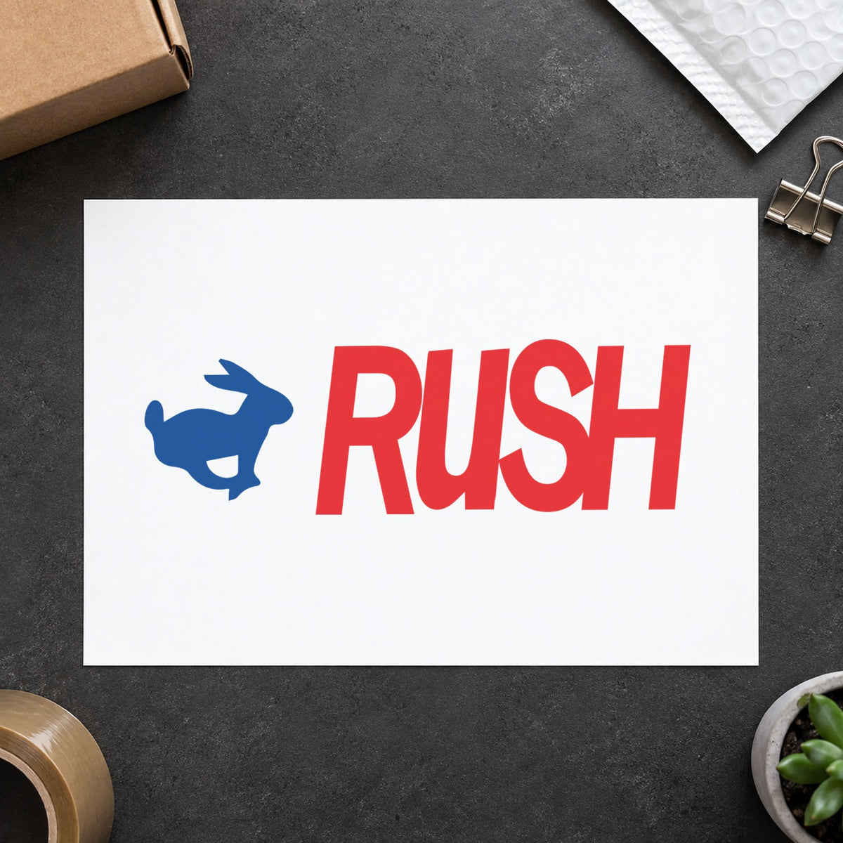 "Rush" imprint from fixed stock wording, no customization needed