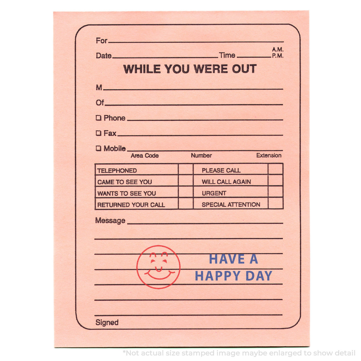 "Have a happy day" mark stamped for document handling, Xstamper 2020 stamp