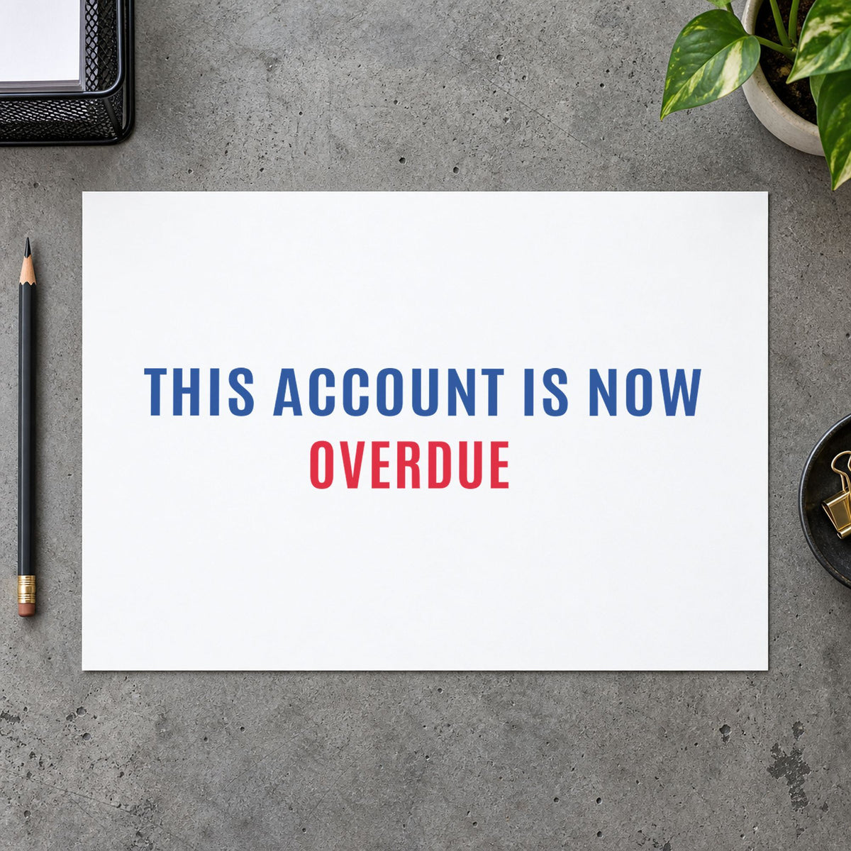 Crisp "This account is now overdue" imprint produced by the Xstamper This Account Is Now Overdue Billing Stamp
