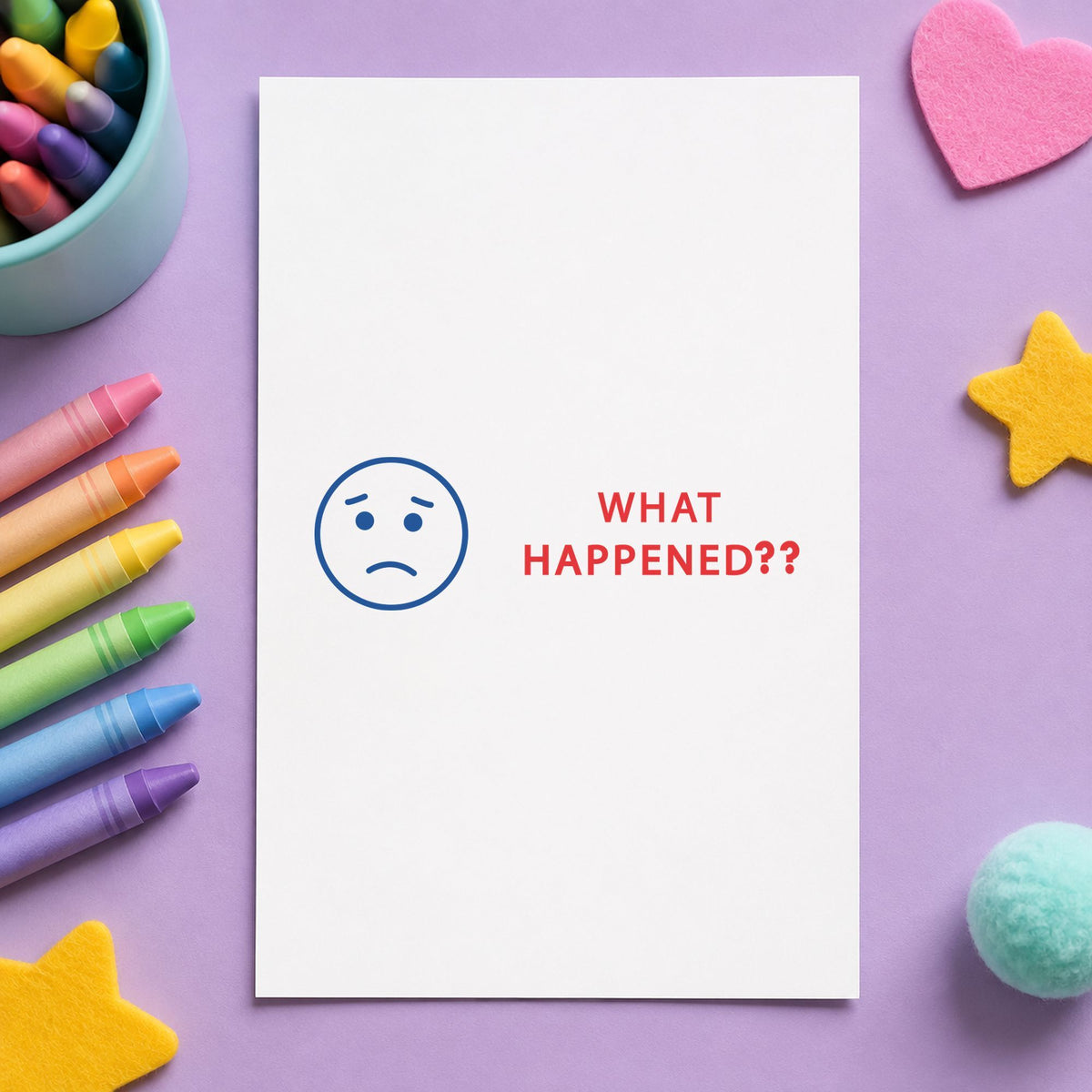 "What happened?" imprint at 1/2 x 1-5/8 in, no separate ink pad required