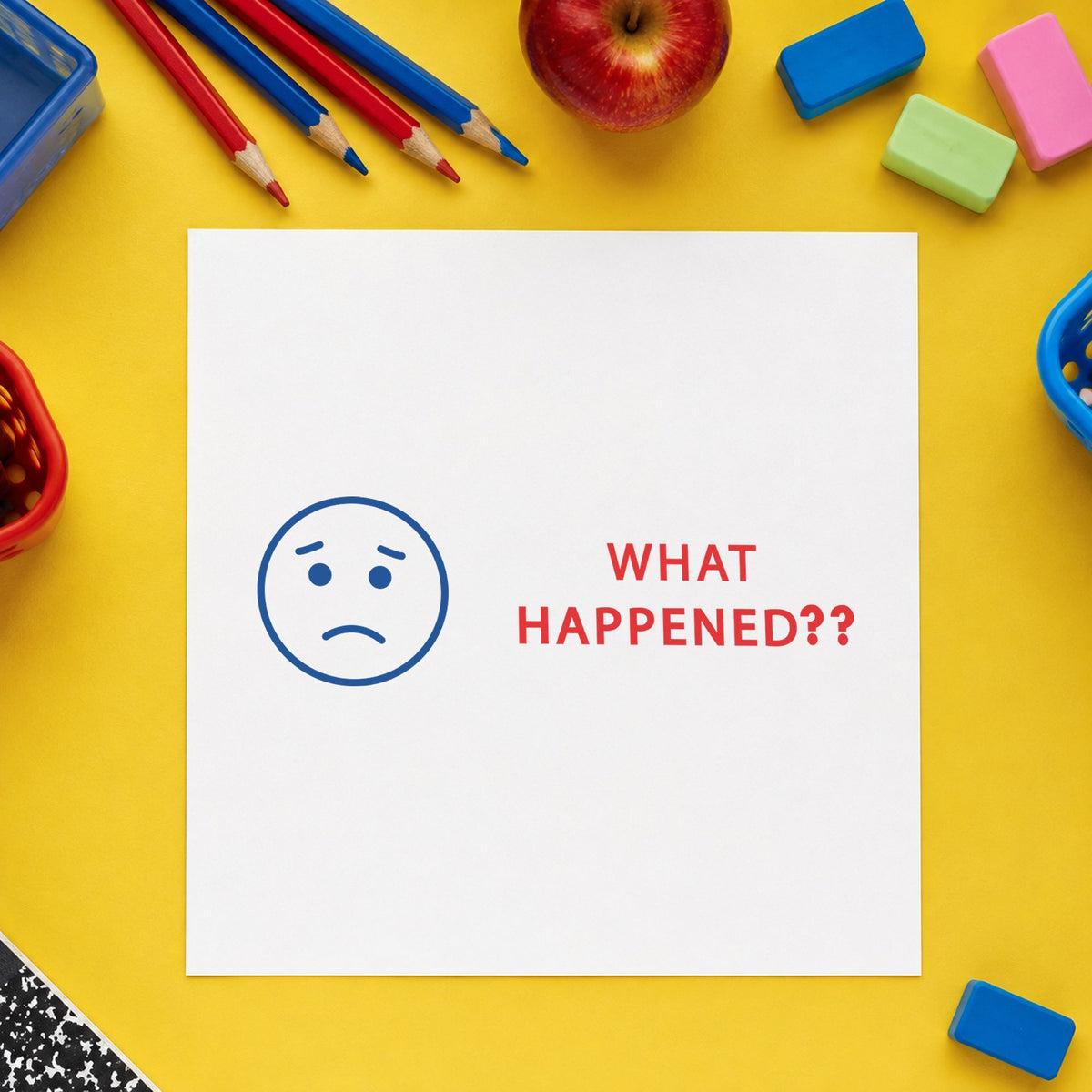 Two-Color What Happened? Stamp leaving a clean "What happened?" impression