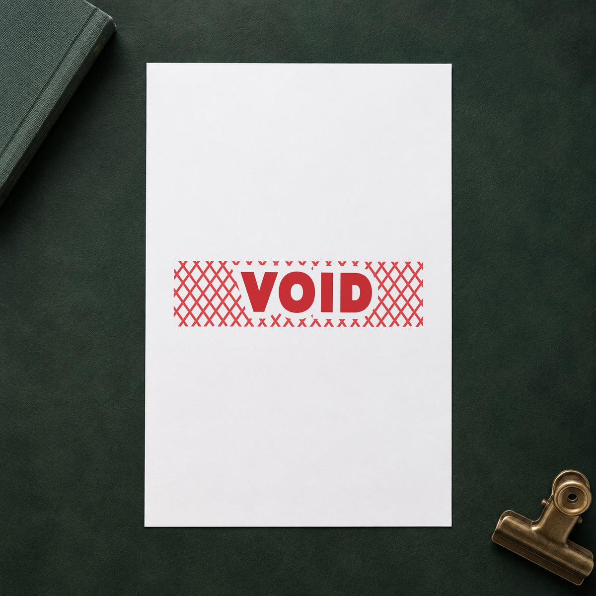 "Void" impression shown close up, rectangular imprint at 1/2 x 1-5/8 in