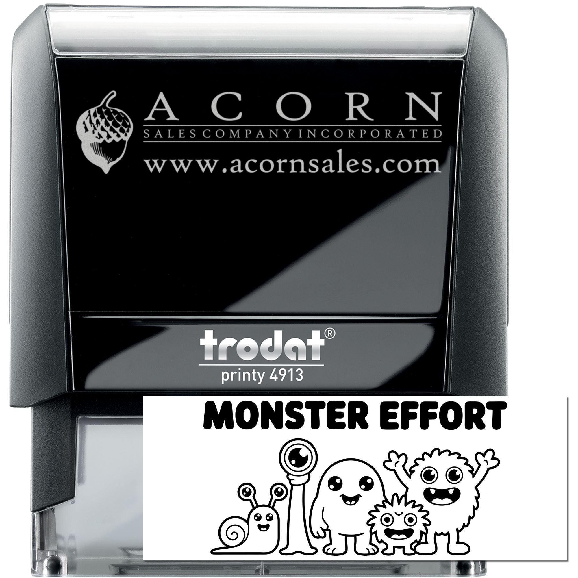 Trodat Printy 4913 self-inking rubber stamp with custom Acorn Sales logo and Monster Effort design example.