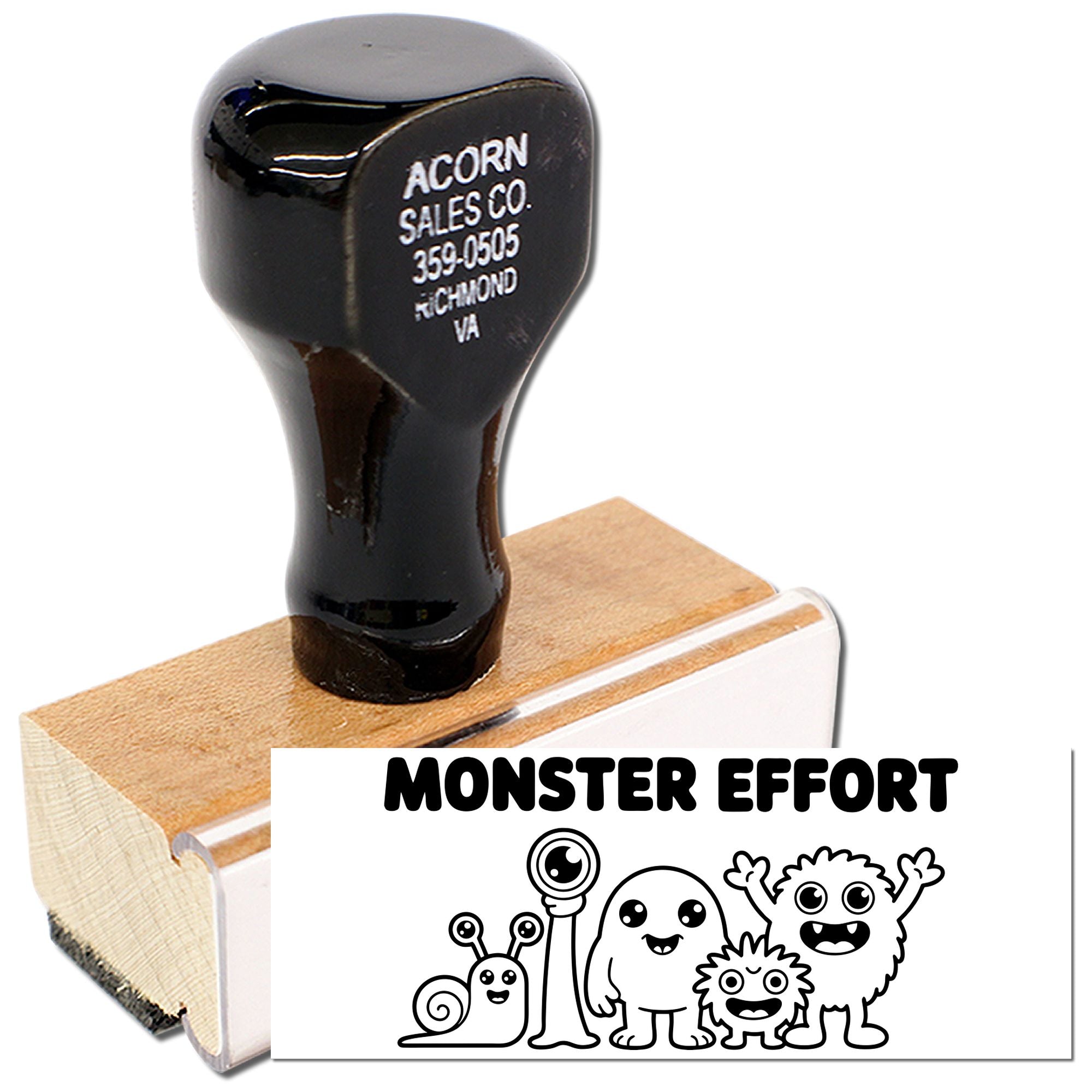 Monster Effort rubber stamp with cute monster design, wooden handle, and Acorn Sales Co. branding for craft use.