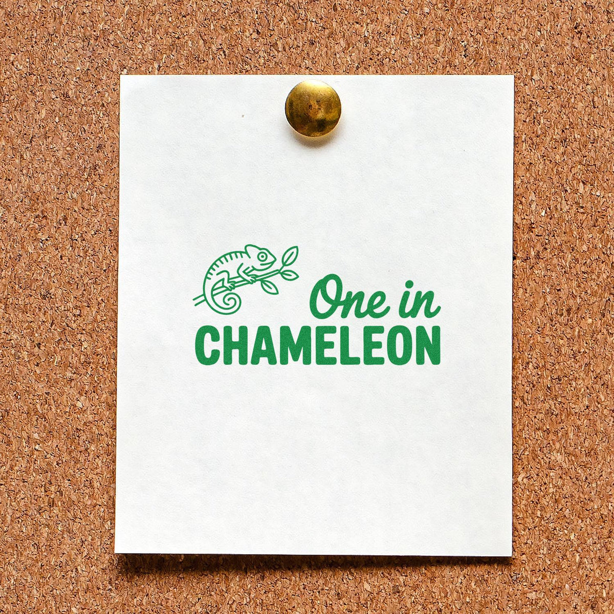 Green chameleon rubber stamp design reading One in Chameleon on paper, ideal for custom novelty stationery stamps.