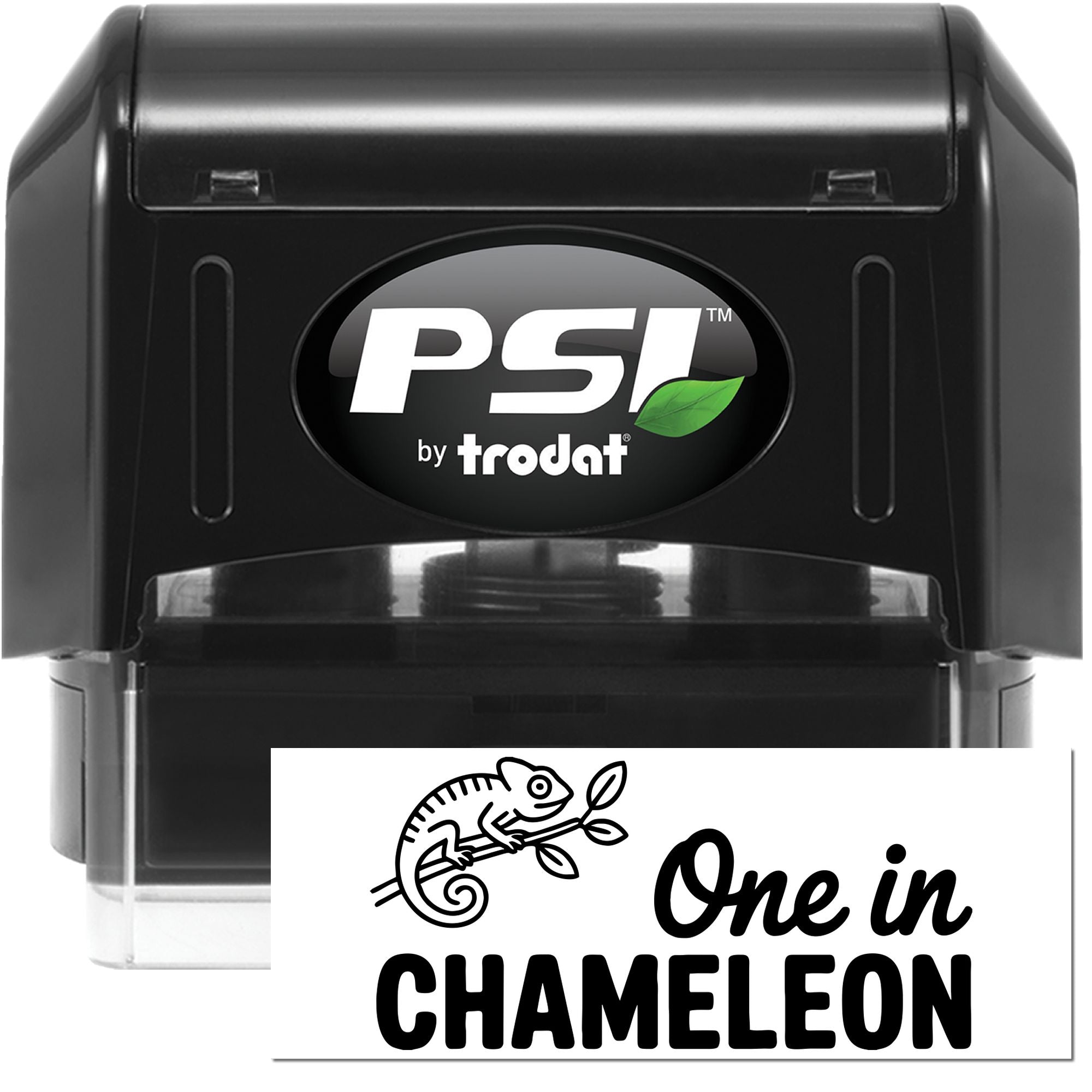 PSI by Trodat self-inking rubber stamp with custom One in Chameleon design for personalized branding.