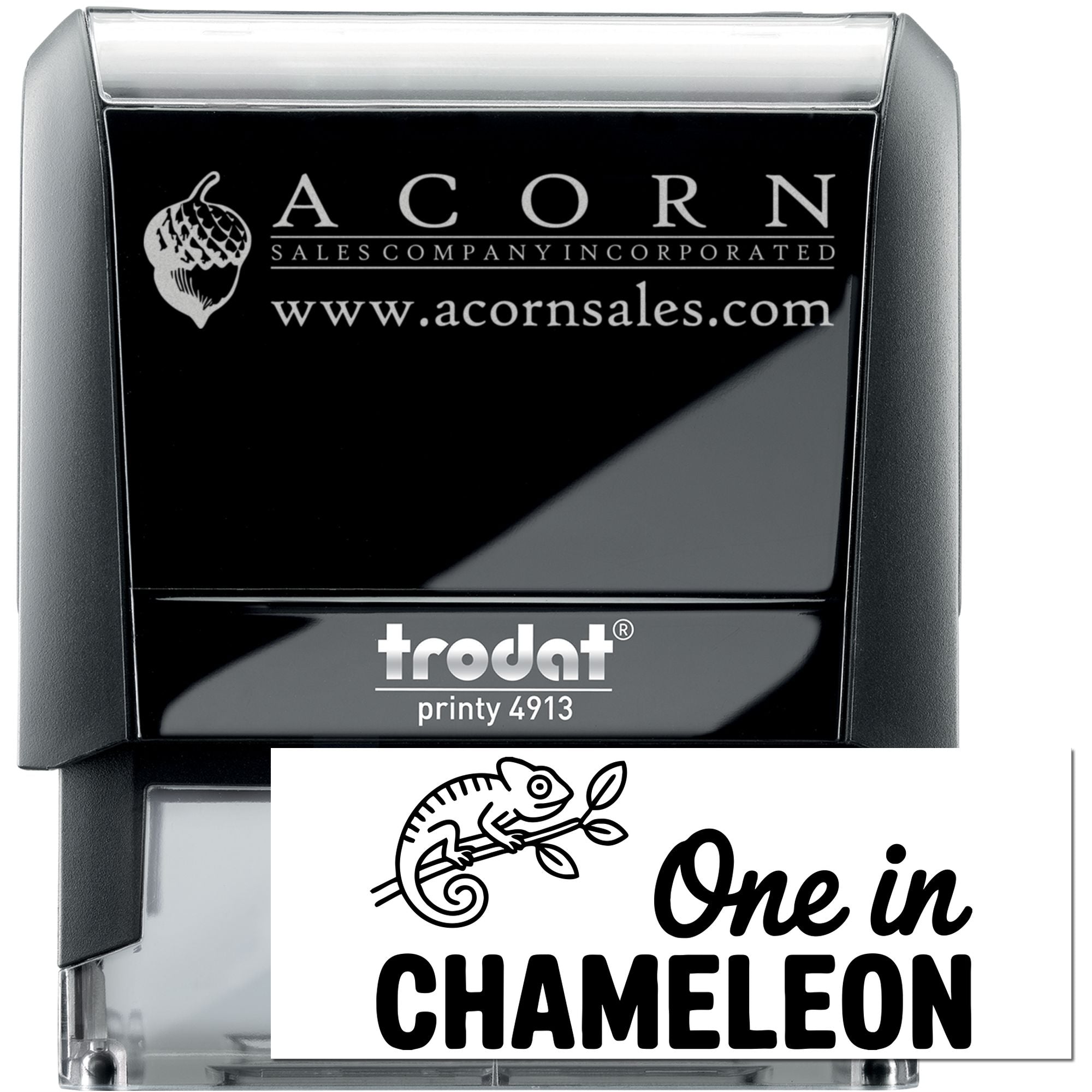 Custom self-inking rubber stamp with Trodat Printy 4913, showing Acorn Sales logo and one-in-a-chameleon branding imprint.