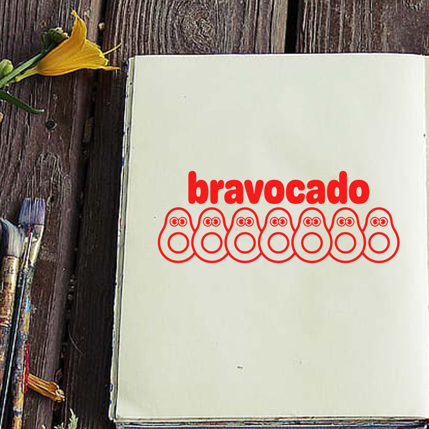 Bravocado rubber stamp design with avocado graphic, perfect for cards, journals, and playful stationery.