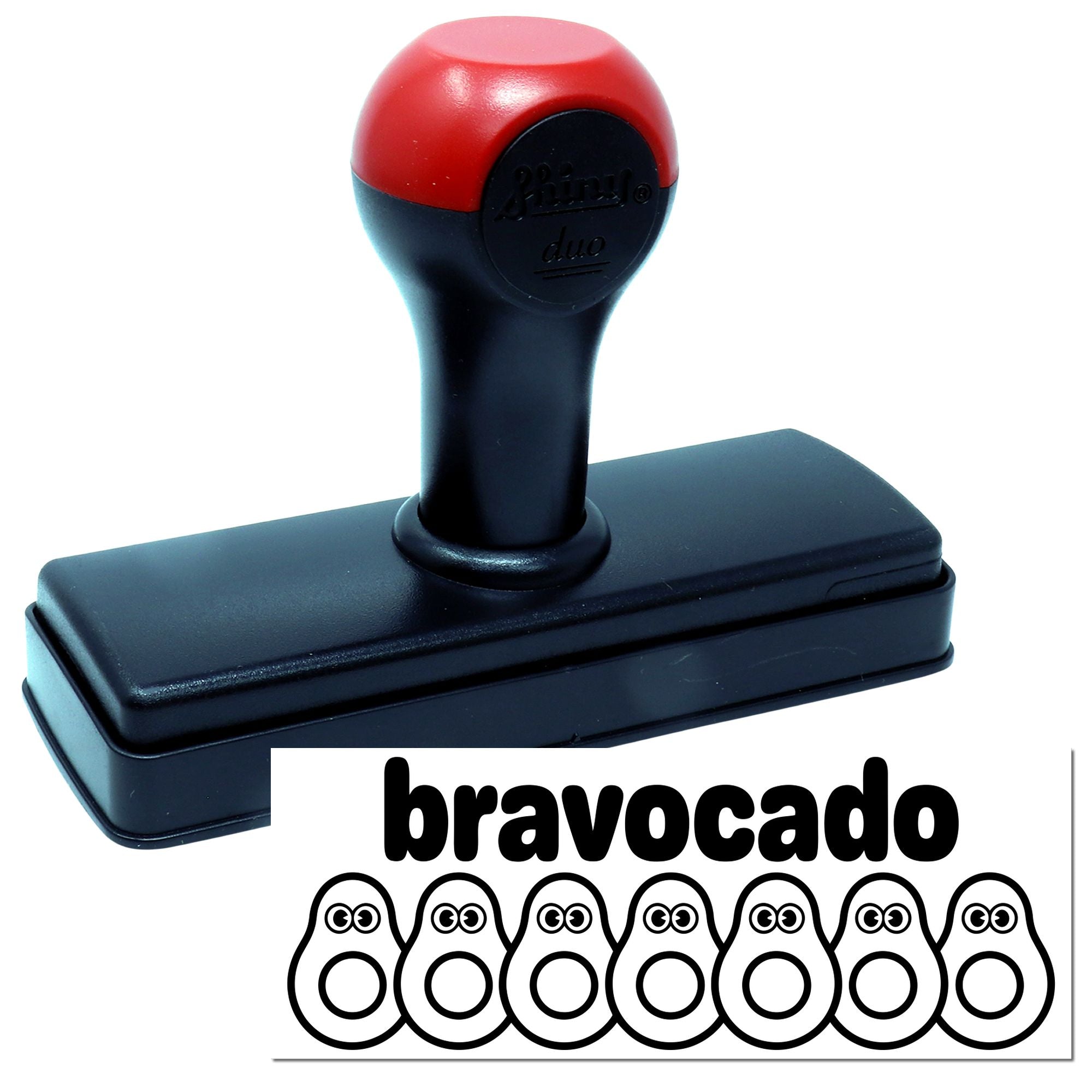 Custom self-inking rubber stamp with Bravocado logo, ideal for branding packaging, paperwork, and business mailings.