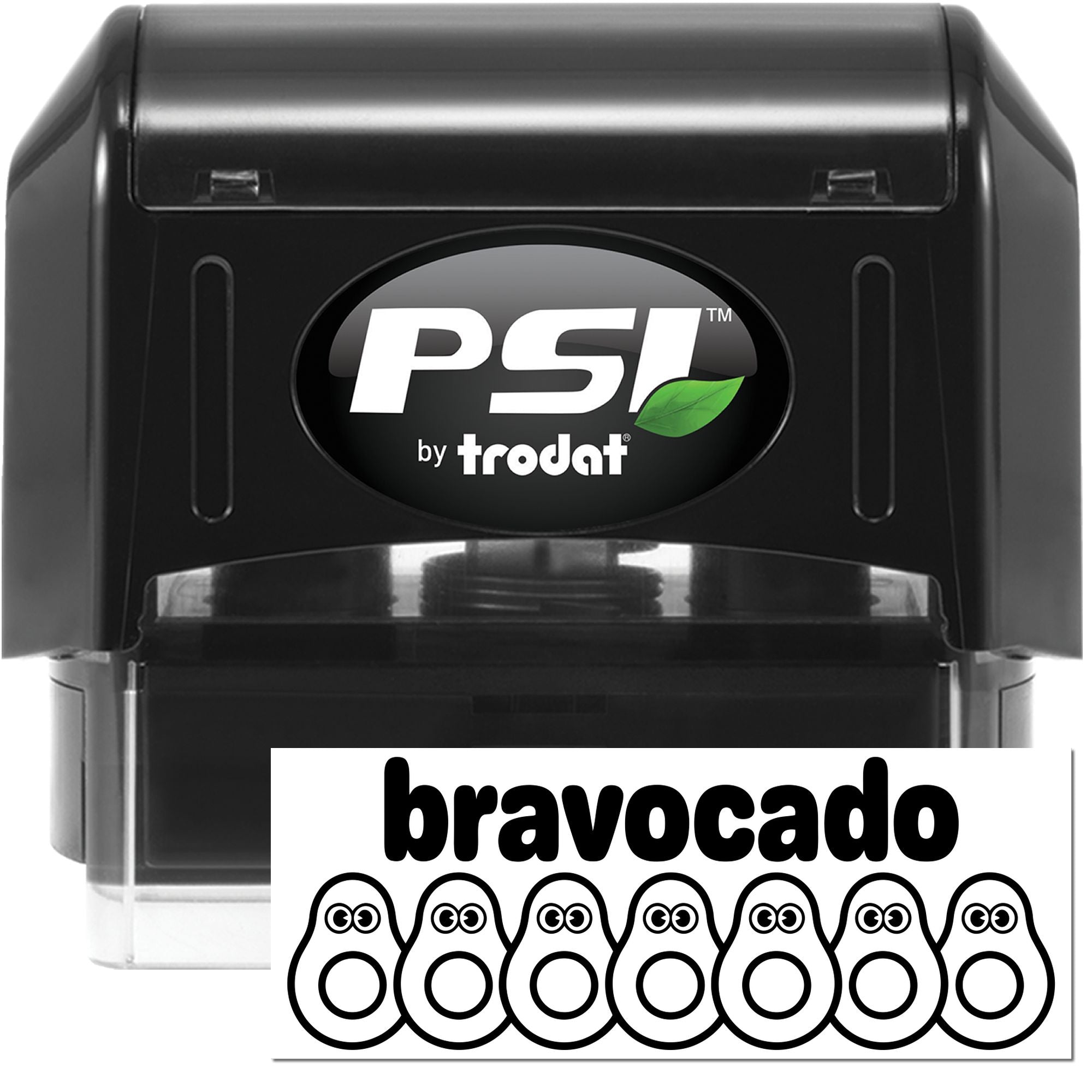 PSI by Trodat self-inking rubber stamp with custom bravocado avocado-themed imprint for branding or packaging.