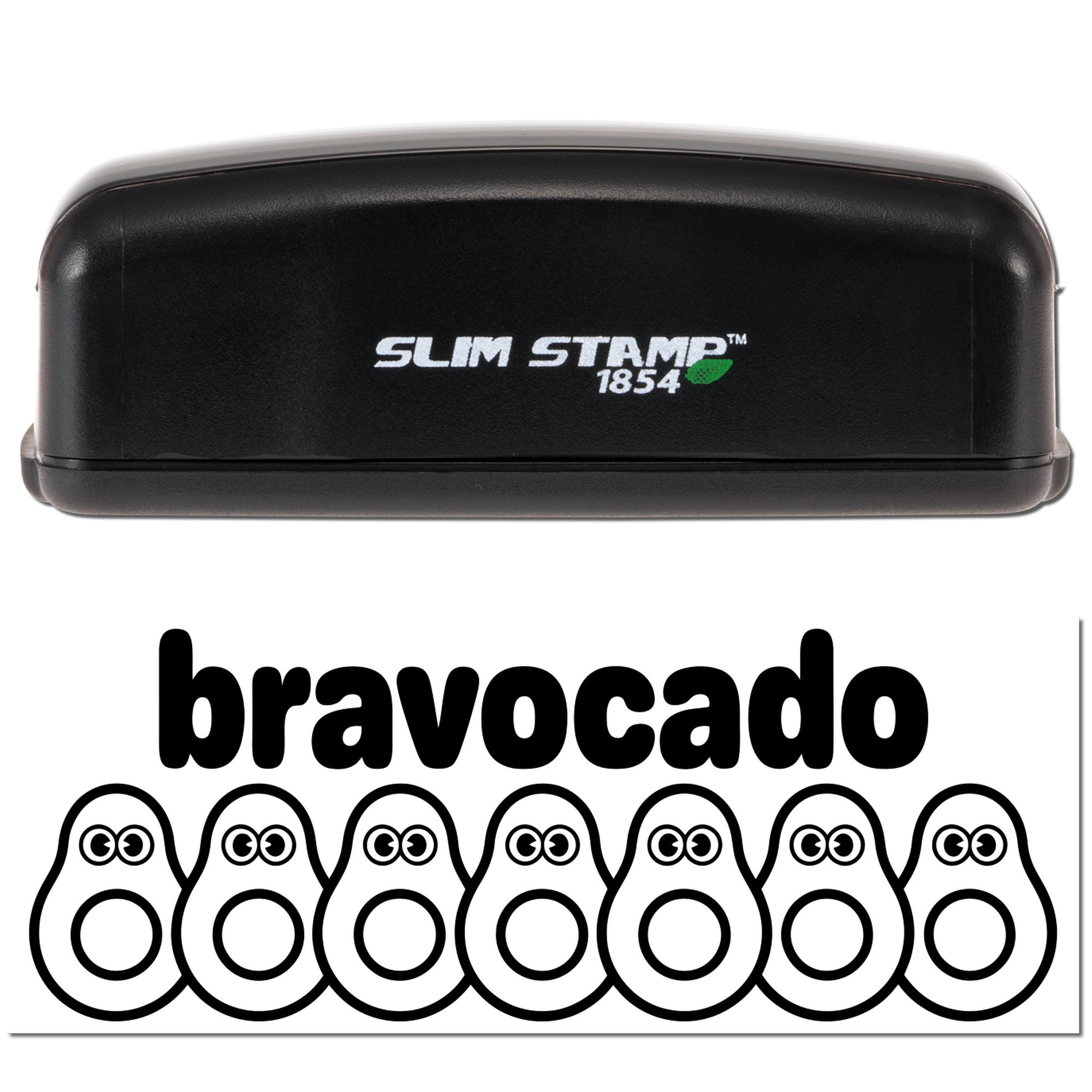 Slim Stamp 1854 rubber stamp with Bravocado logo, featuring playful avocado mascot design for custom branding and packaging.