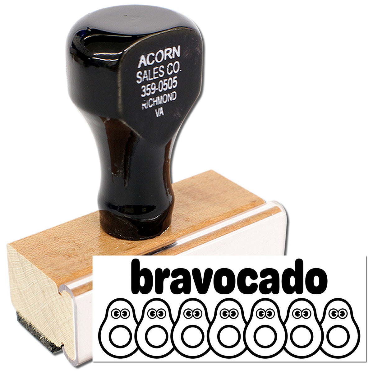 Custom rubber stamp with wooden handle and bravocado avocado logo for branded packaging and business marketing.