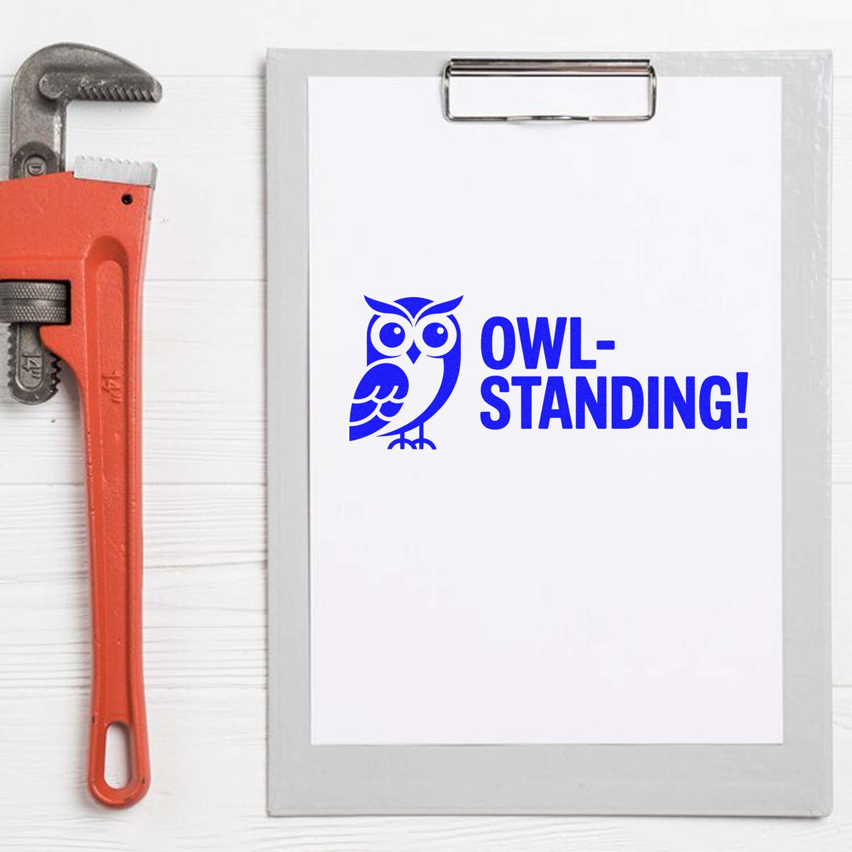 Custom rubber stamp design with owl-standing logo, ideal for plumbing, handyman, and tool shop branding.