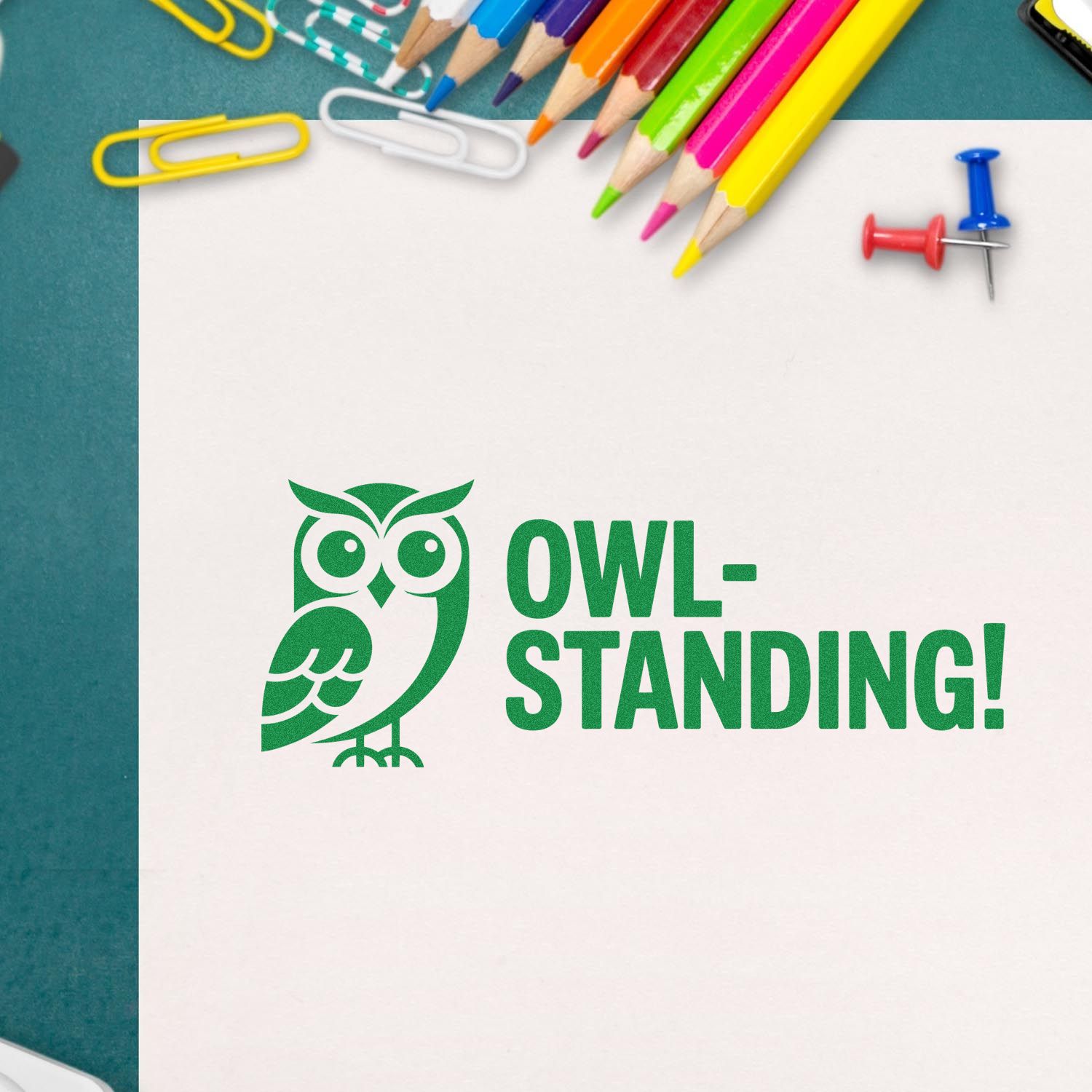 Green owl rubber stamp design with OWL-STANDING! text for classroom rewards, teacher stamps, and stationery crafts.