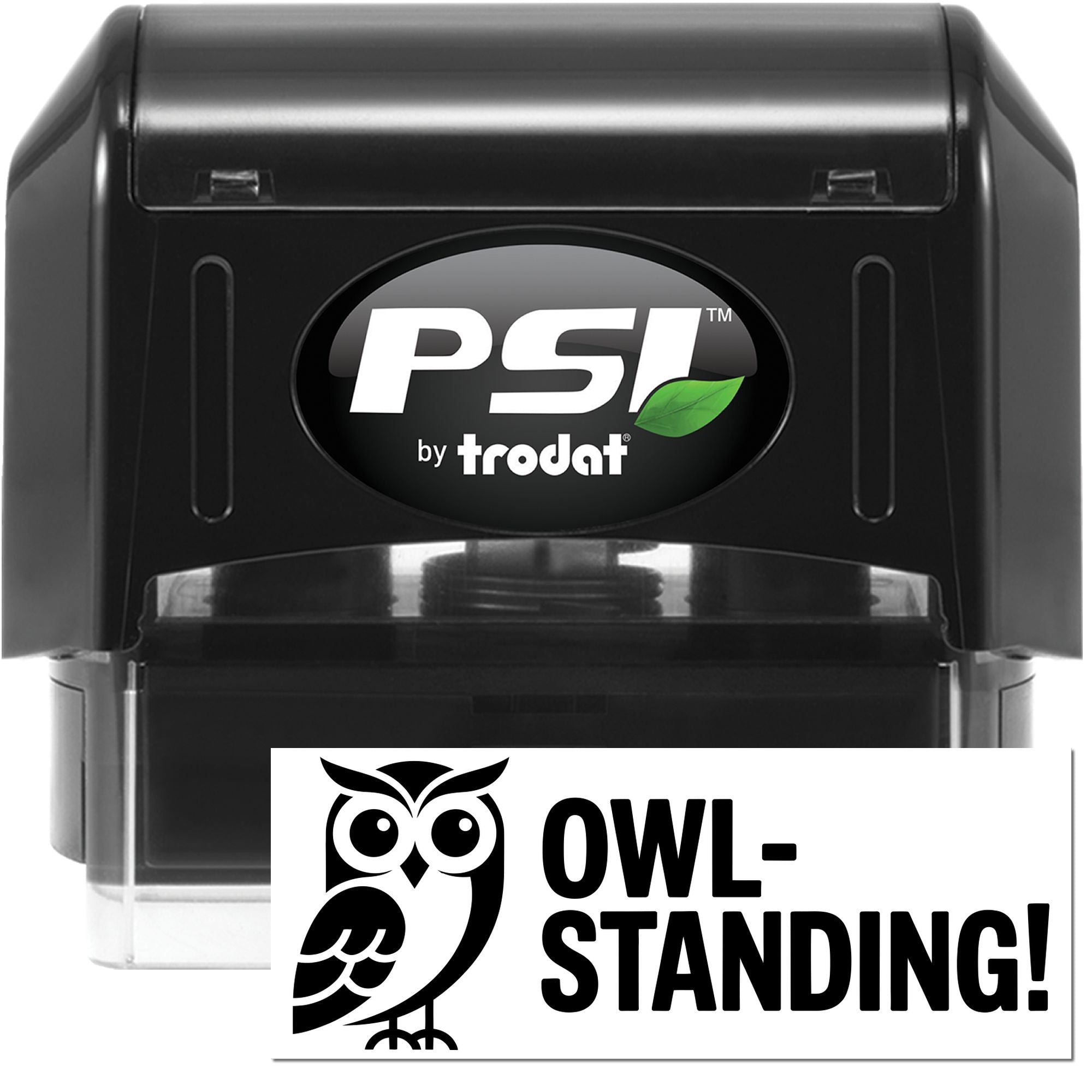 PSI by Trodat self-inking rubber stamp featuring Owl-Standing design for custom business or craft use.