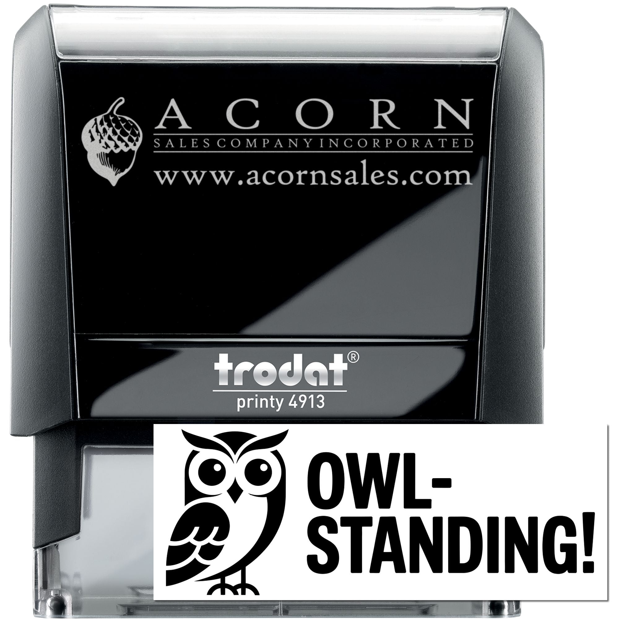 Custom self-inking rubber stamp, Trodat Printy 4913, with Acorn Sales Company logo and owl standing imprint.