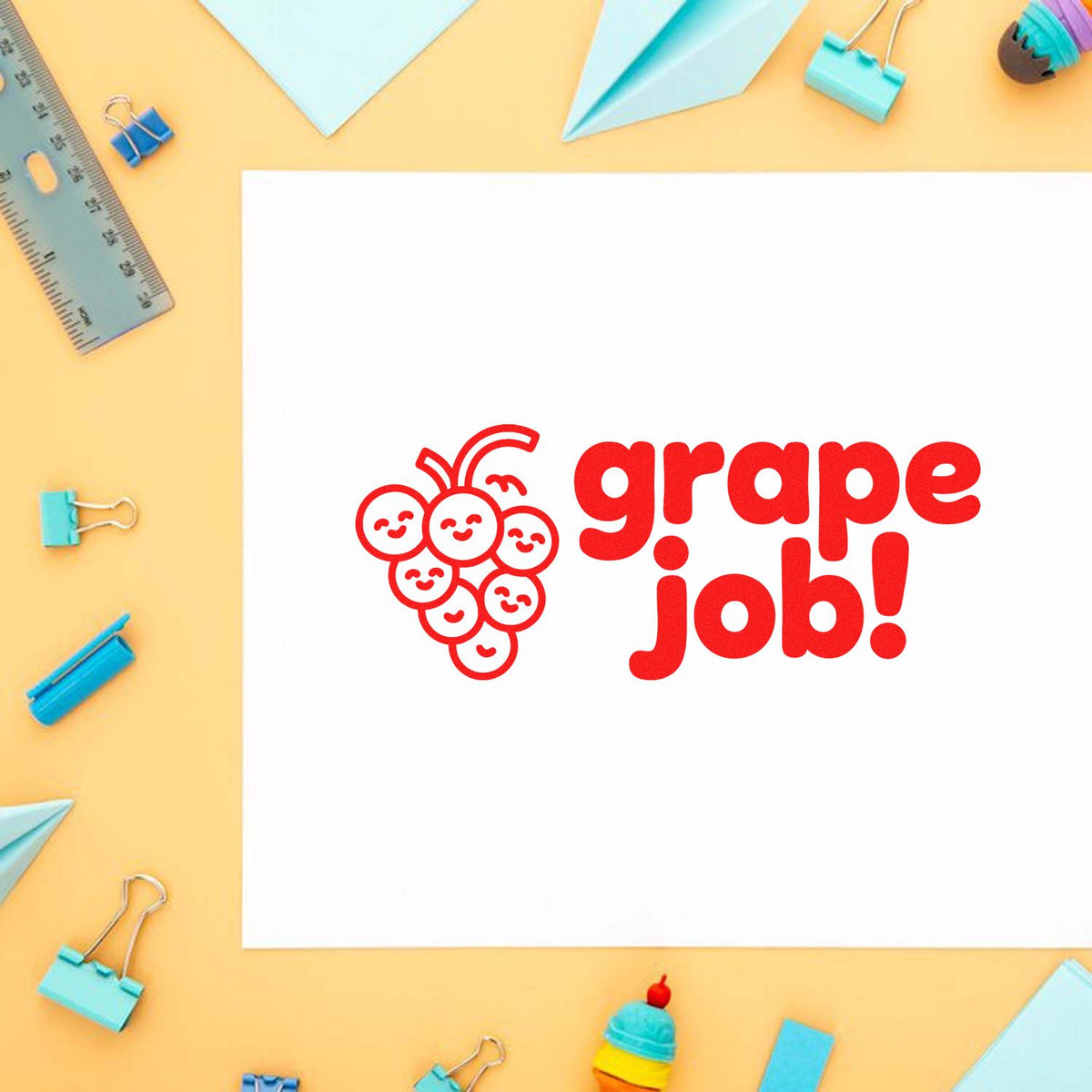 Playful Grape Job! rubber stamp design with grape mascot, ideal for teacher rewards, kids crafts, and stationery branding.