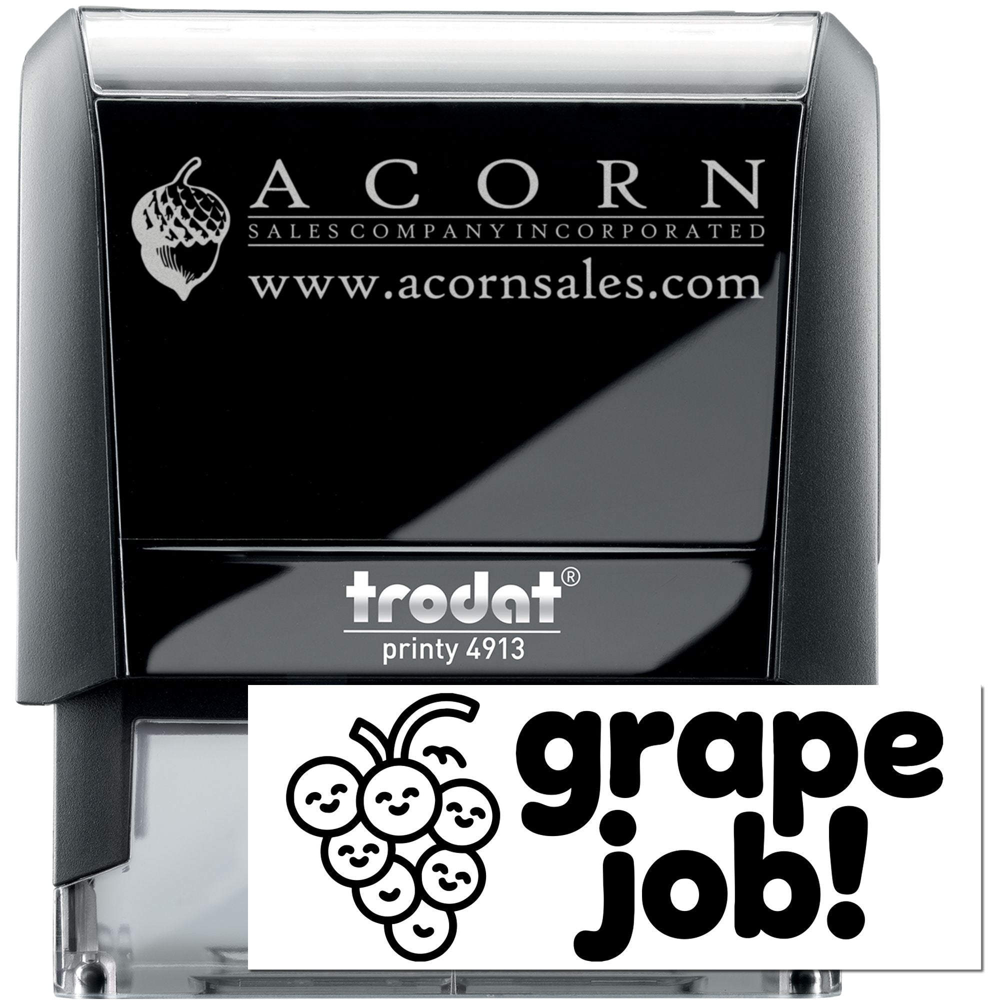 Custom Trodat Printy 4913 self-inking rubber stamp with Acorn Sales logo and website imprint, plus grape job design sample