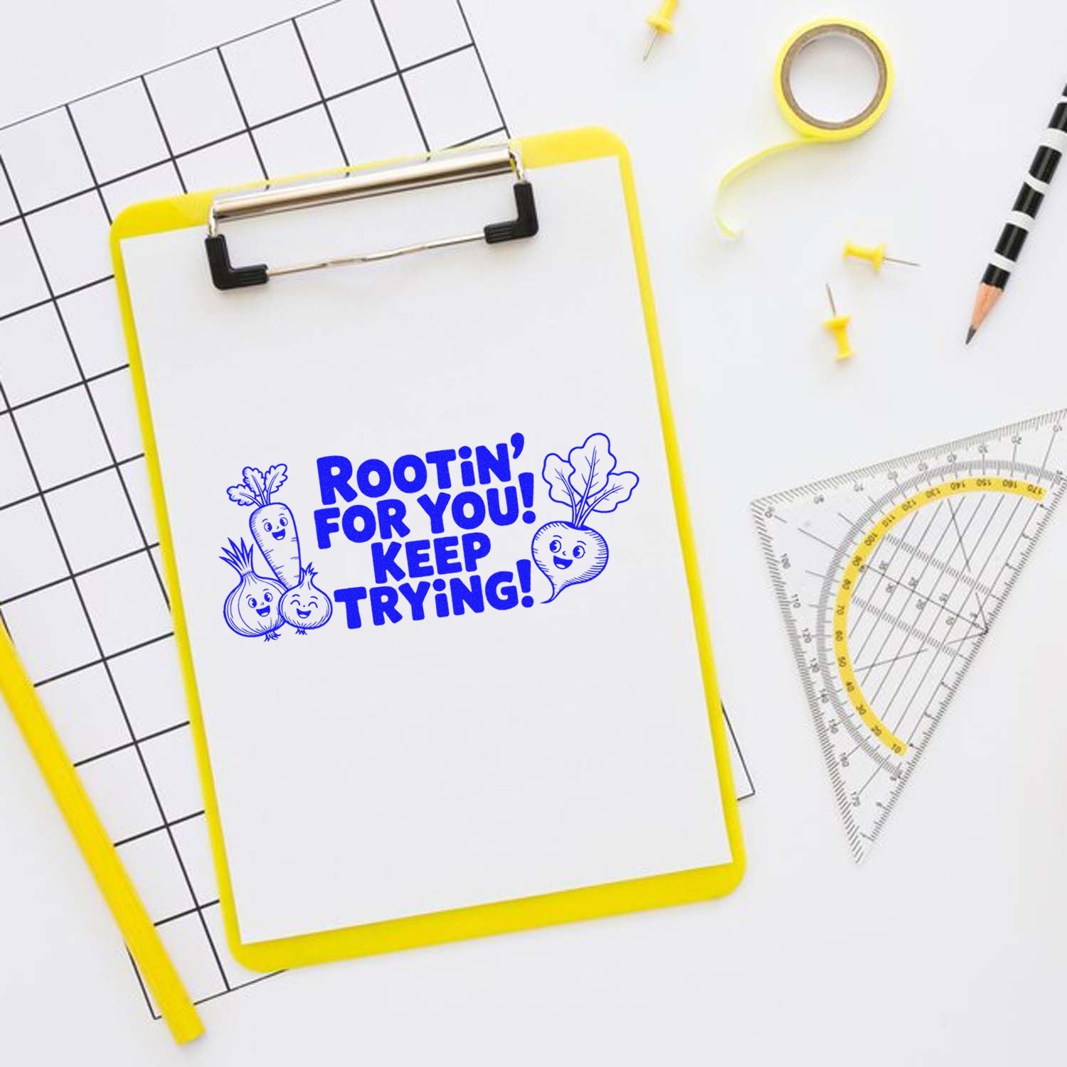 Encouraging rubber stamp design reading Rootin for You, Keep Trying with cute veggie illustrations for classroom or office use