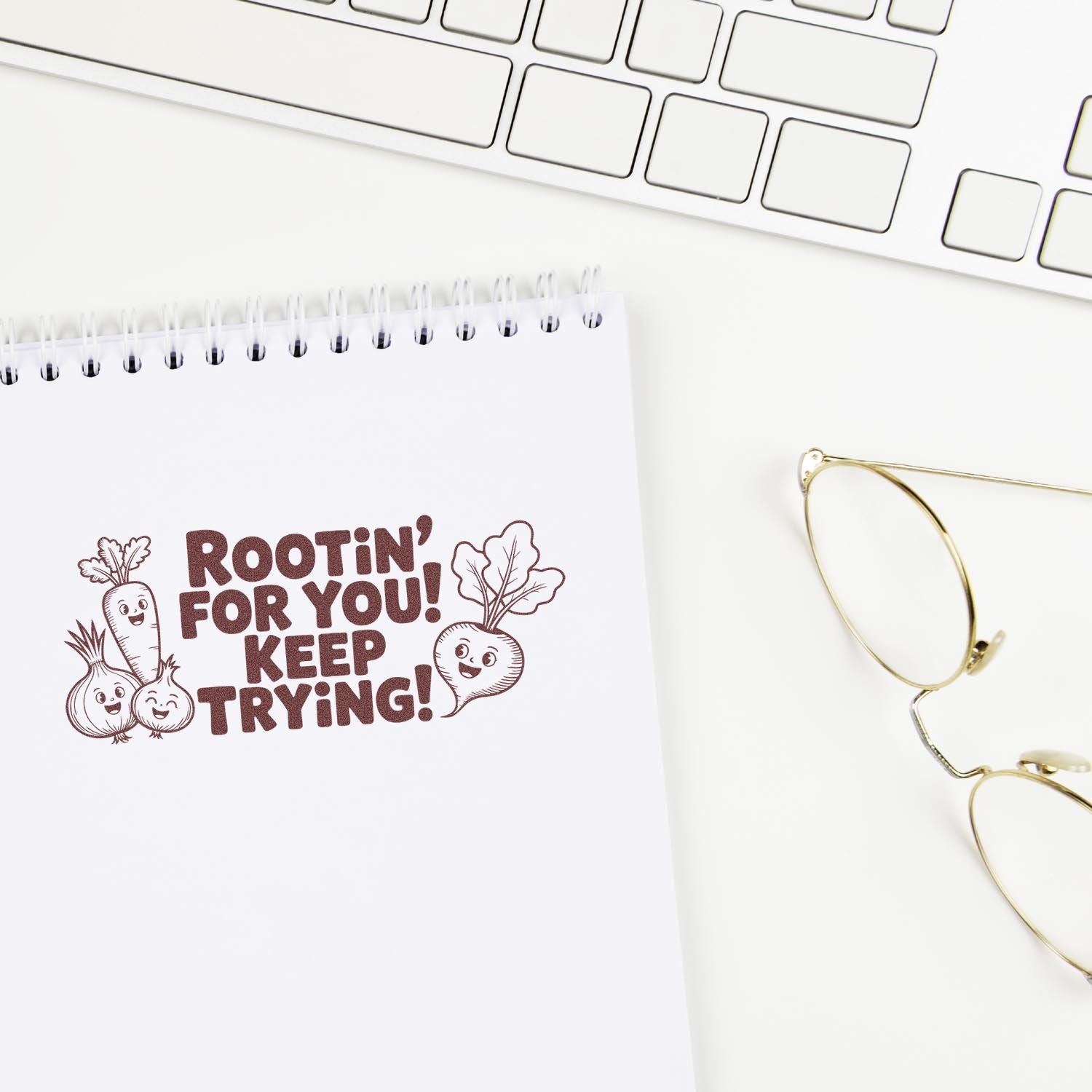 Motivational vegetable rubber stamp design with Rootin for you! Keep trying! for cards, journals, and planners.