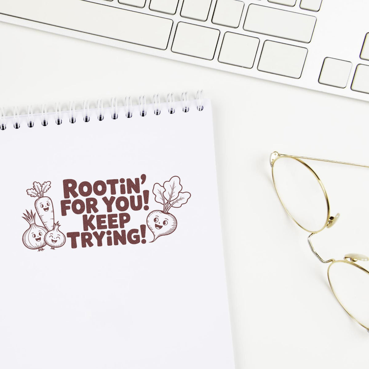 Custom rubber stamp impression with cute vegetables and Rootin for You! Keep Trying! for encouraging cards and notes.