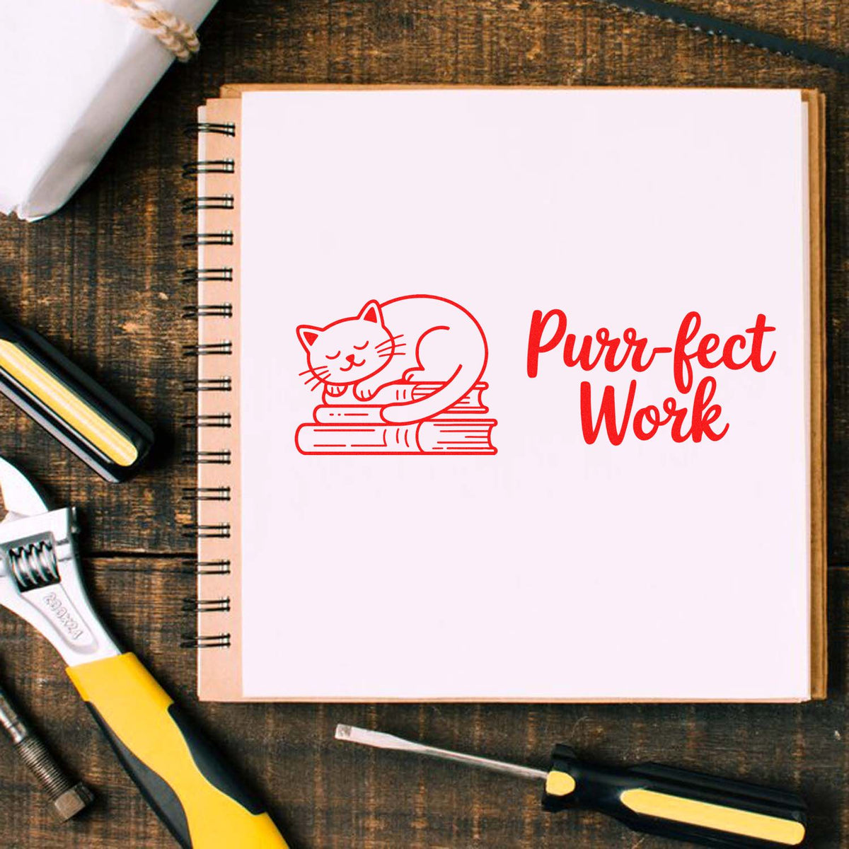 Purr-fect Work rubber stamp design with sleeping cat on books, ideal for stationery, teachers, and office crafts.