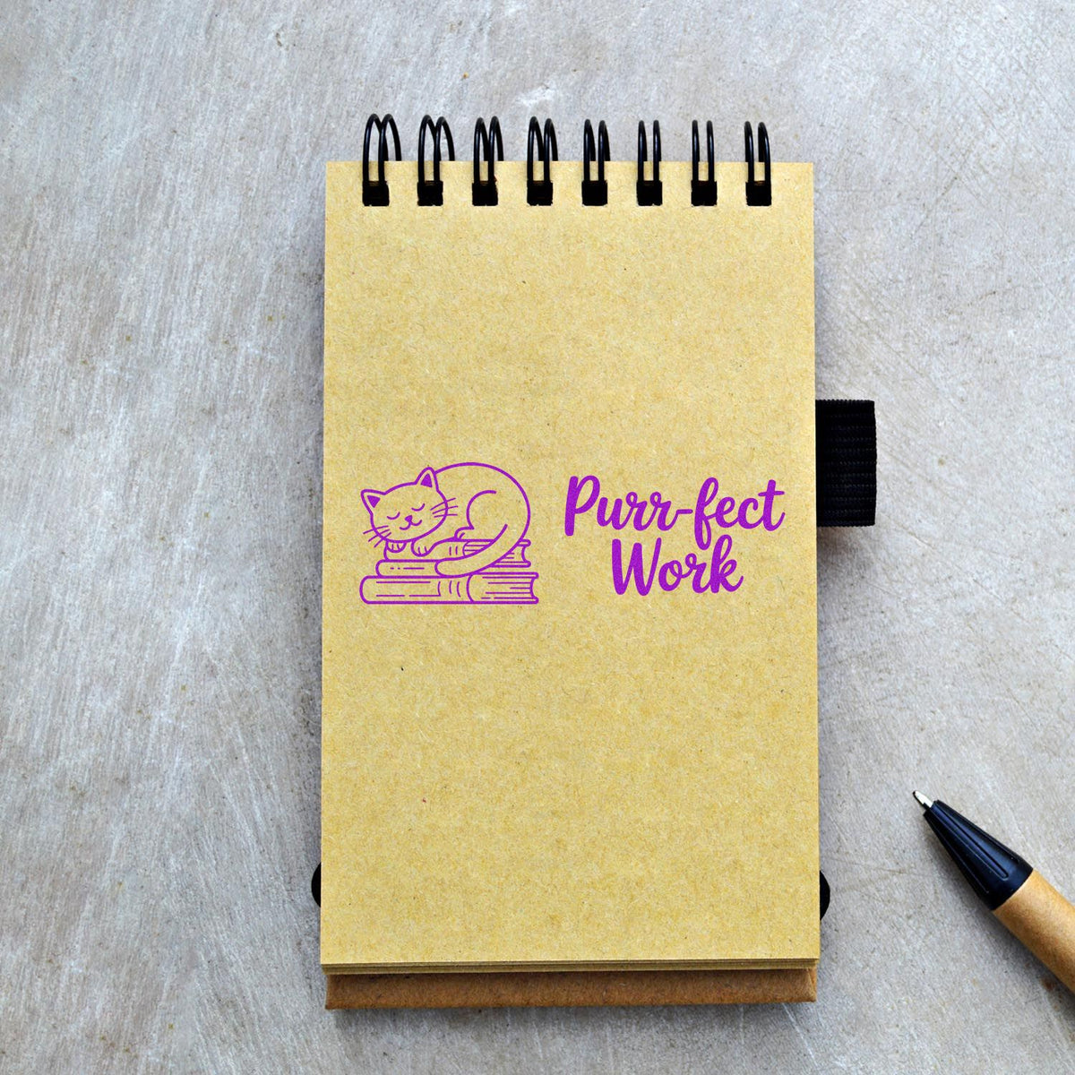 Cat rubber stamp design with Purr-fect Work on a spiral notebook for office stationery and teacher gifts