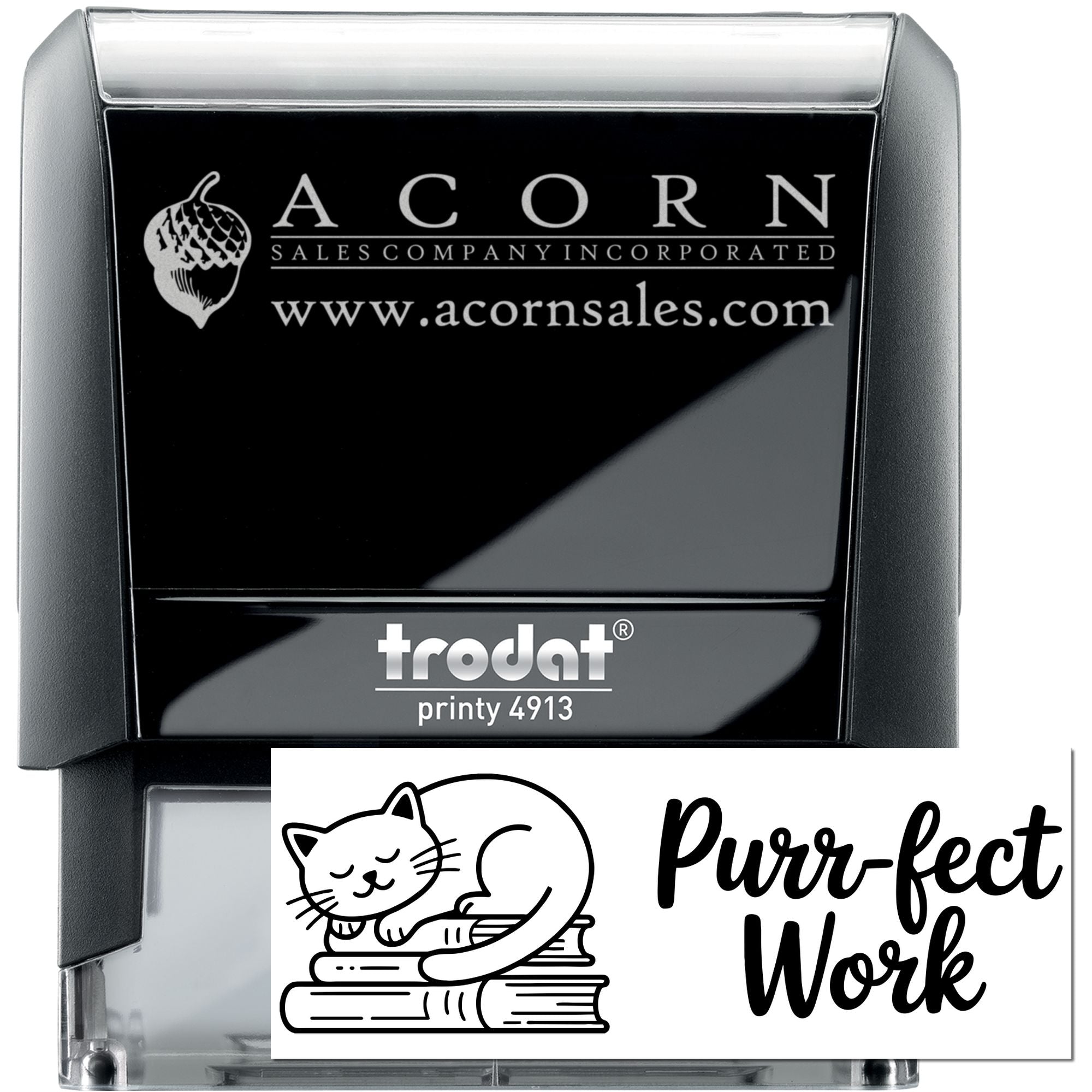 Custom self-inking rubber stamp, Trodat Printy 4913, with Acorn Sales logo and cat Purr-fect Work design.