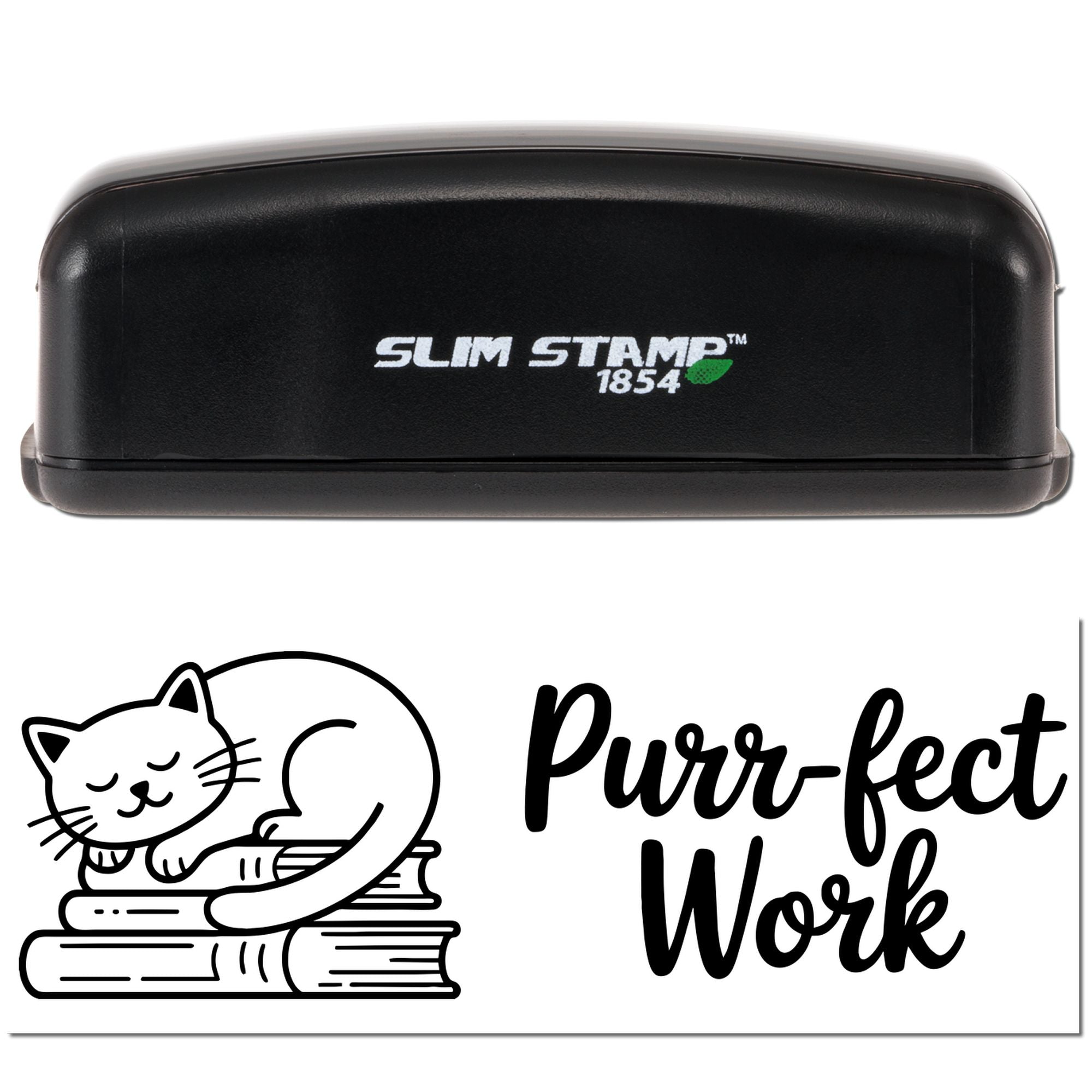 Slim Stamp 1854 rubber stamp with sleeping cat and Purr-fect Work message for teacher grading, notes, or office use.