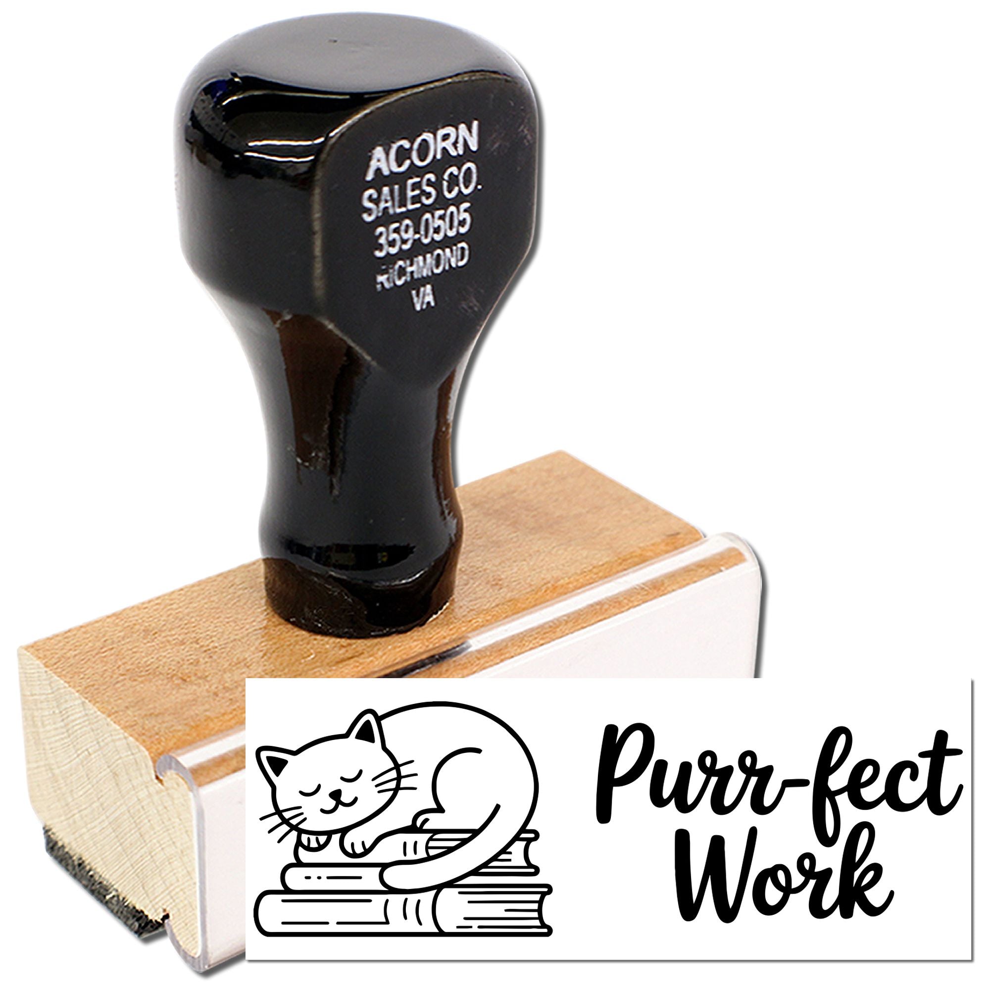 Custom rubber stamp featuring a sleeping cat and Purr-fect Work message for teacher praise, office use, or crafts.