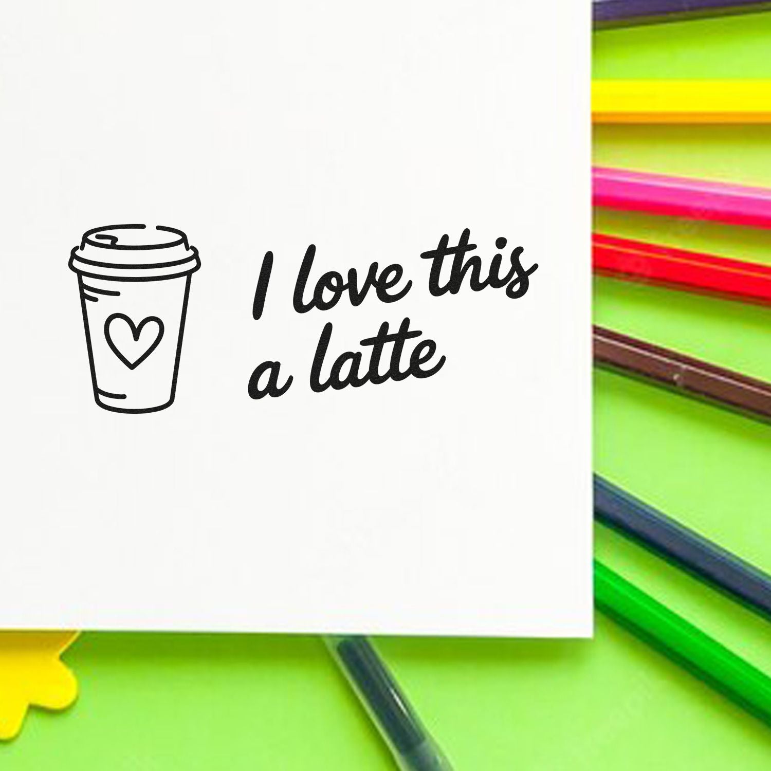 Coffee rubber stamp design with cup and heart, reading I love this a latte, for DIY cards and craft projects.