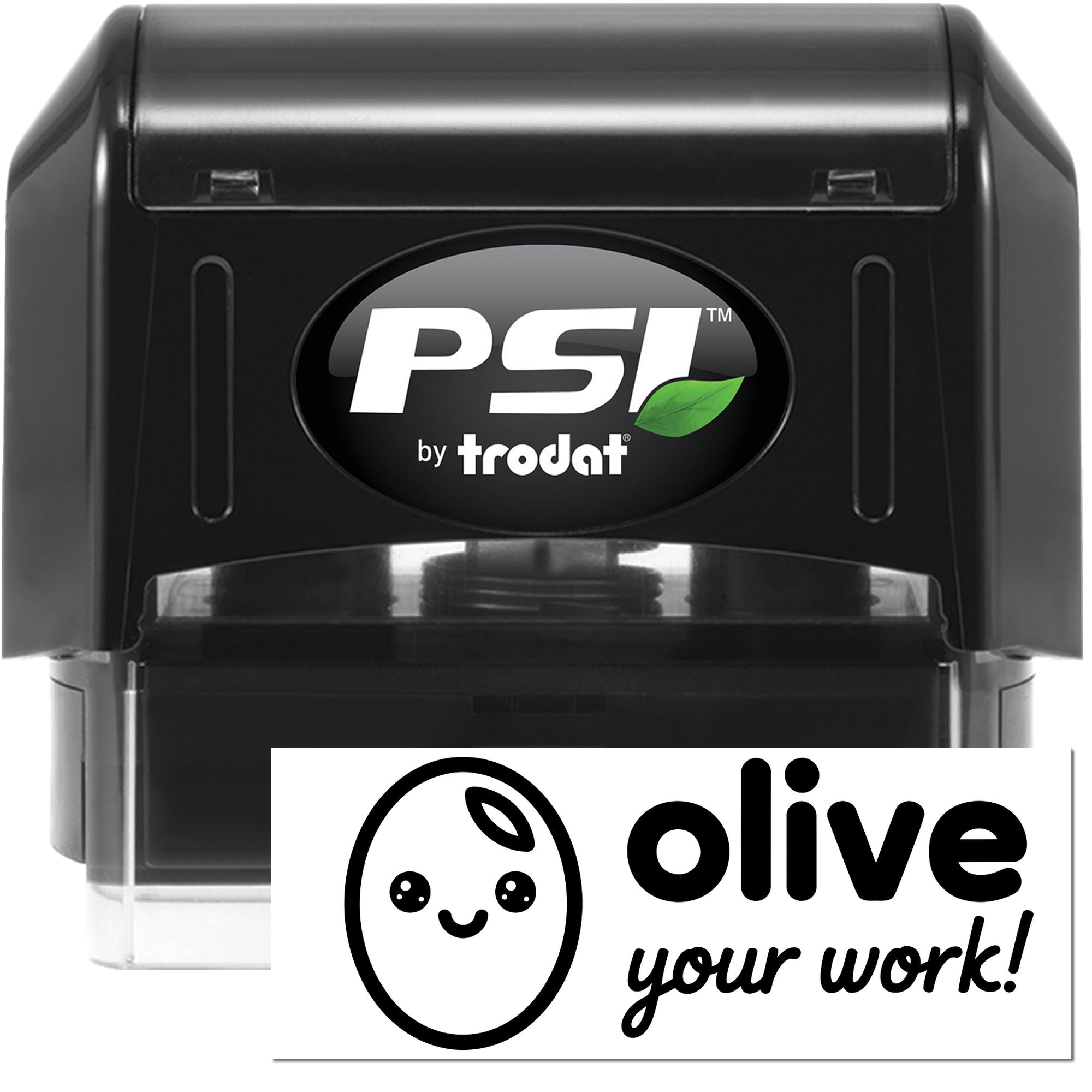 Custom PSI by Trodat self-inking rubber stamp with Olive Your Work logo for eco-friendly branding.