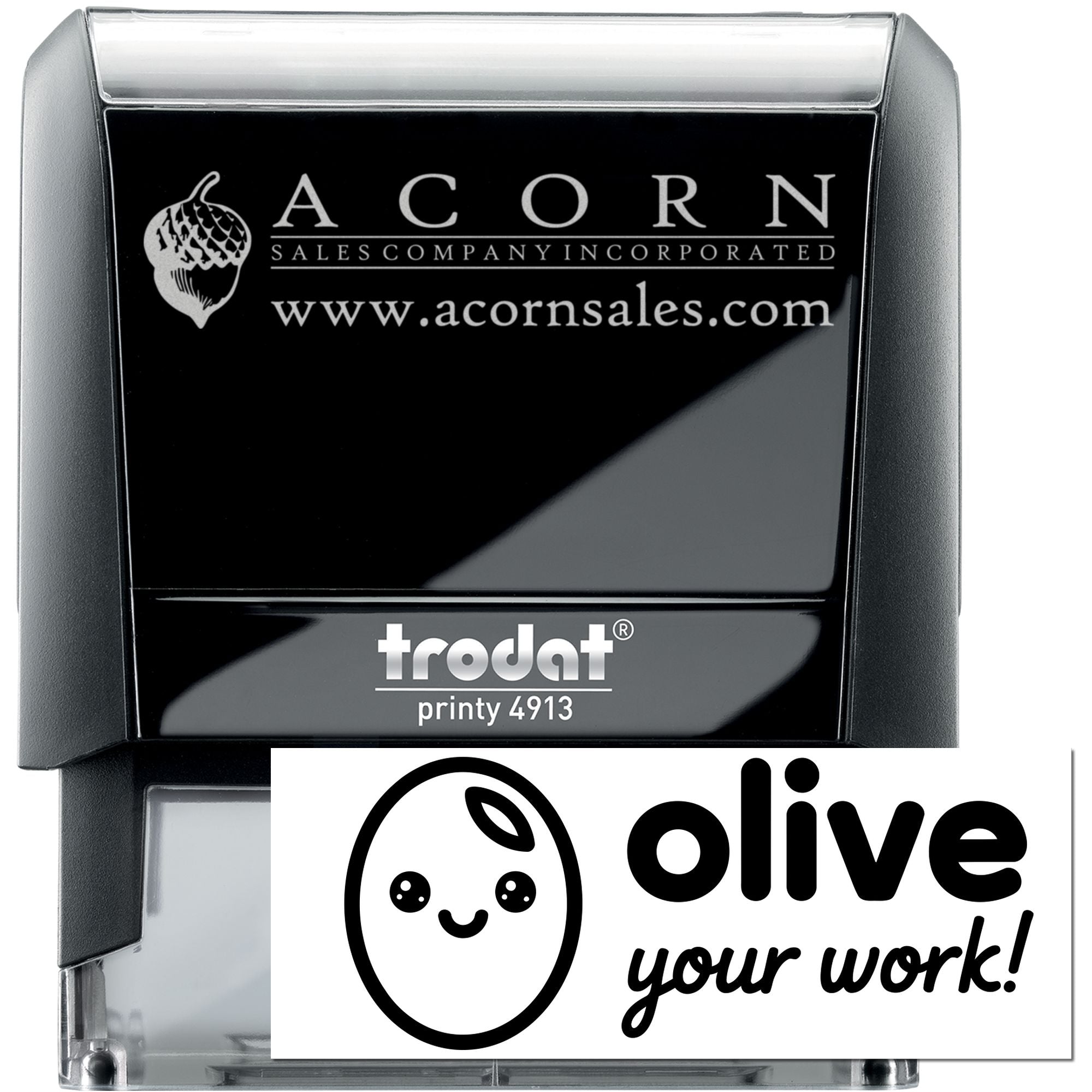 Custom self-inking rubber stamp (Trodat Printy 4913) with Acorn Sales Company logo and website imprint.