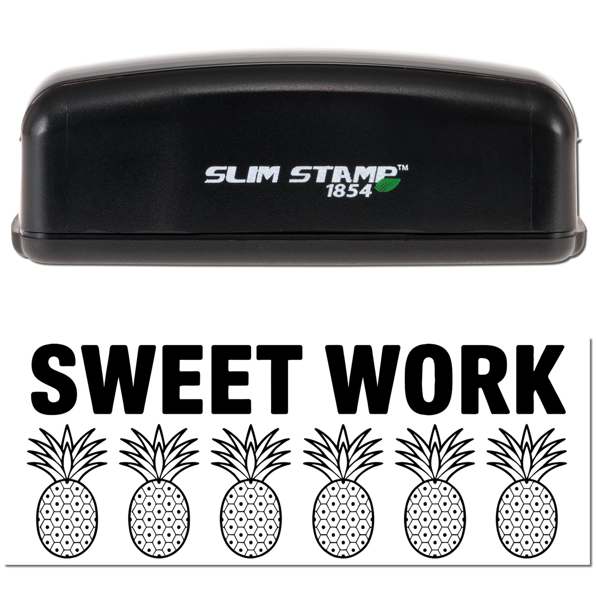 Custom Slim Stamp 1854 rubber stamp with Sweet Work pineapple design for packaging, crafts, and business branding.
