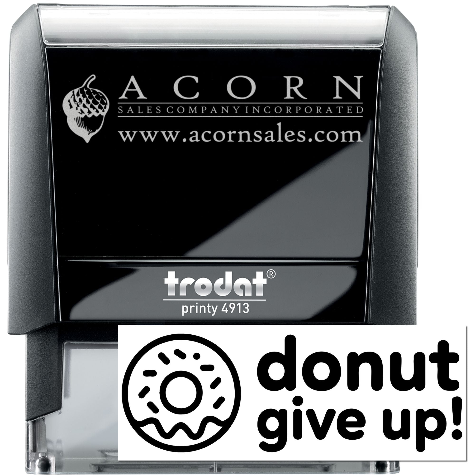 Custom self-inking rubber stamp, Trodat Printy 4913, with Acorn Sales logo and donut give up design for branding.