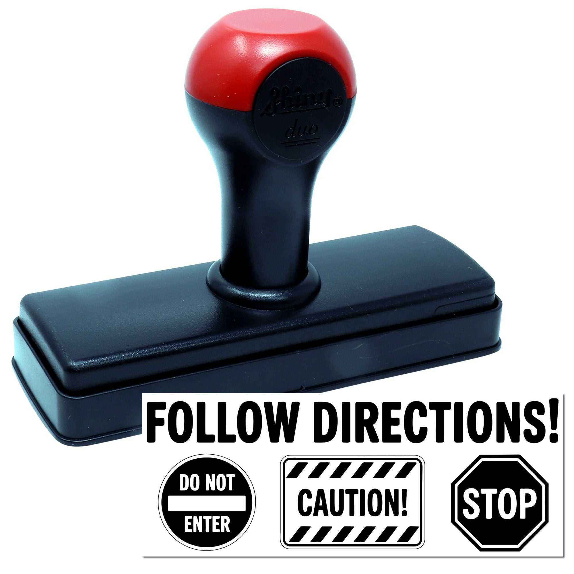 Self-inking rubber stamp with Follow Directions! design, ideal for custom safety, compliance, and office warning messages.