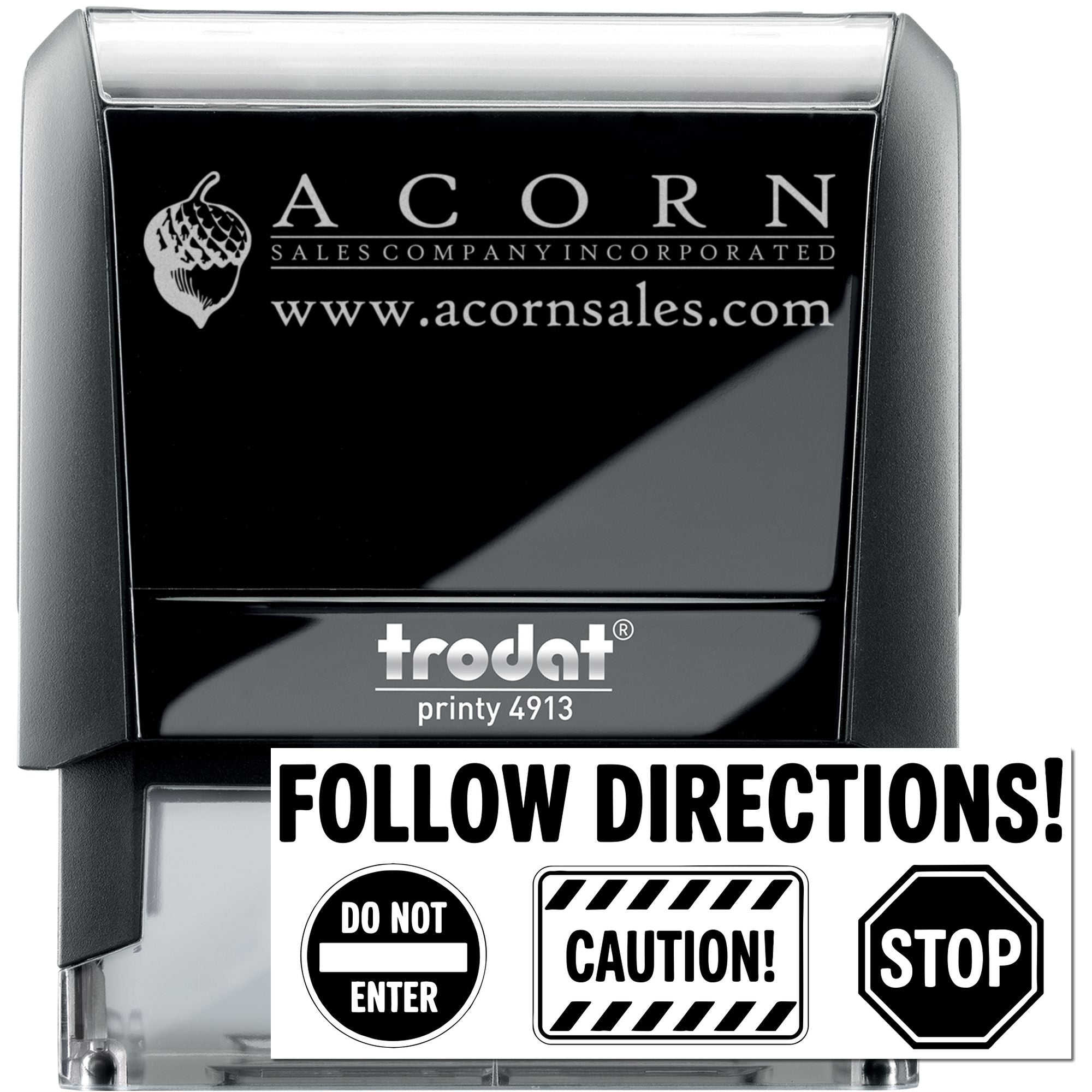 Trodat Printy 4913 self-inking rubber stamp with custom Acorn Sales logo imprint and warning sign graphics