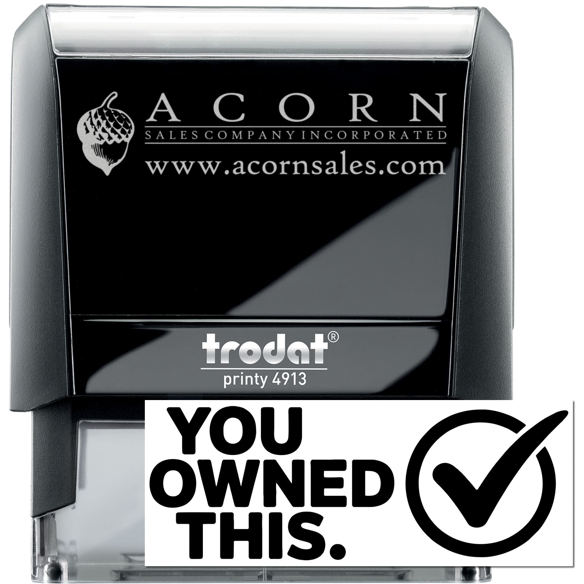 Custom self-inking rubber stamp with Acorn Sales Company logo and website, Trodat Printy 4913