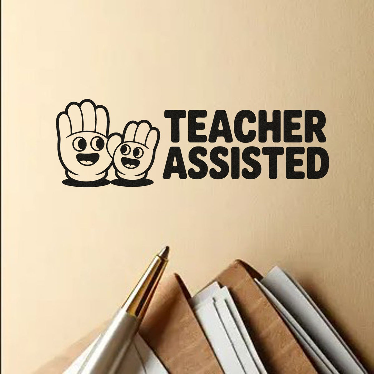 Teacher Assisted rubber stamp design with smiling hand icons, perfect for classroom use, planners, and teacher gifts.