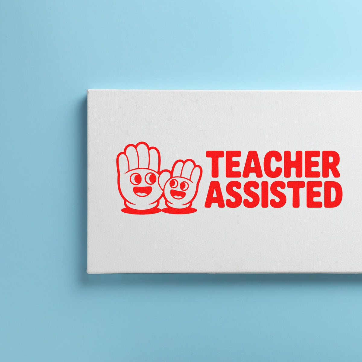 Teacher Assisted rubber stamp packaging with red logo, ideal for classroom crafts and teacher appreciation projects.