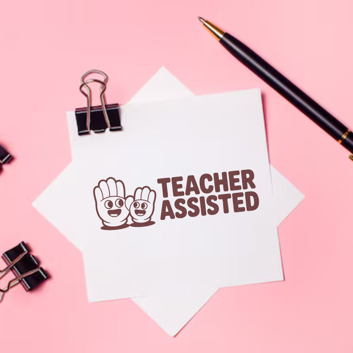 Teacher Assisted rubber stamp on paper, ideal for classroom grading, school paperwork, and educational use.