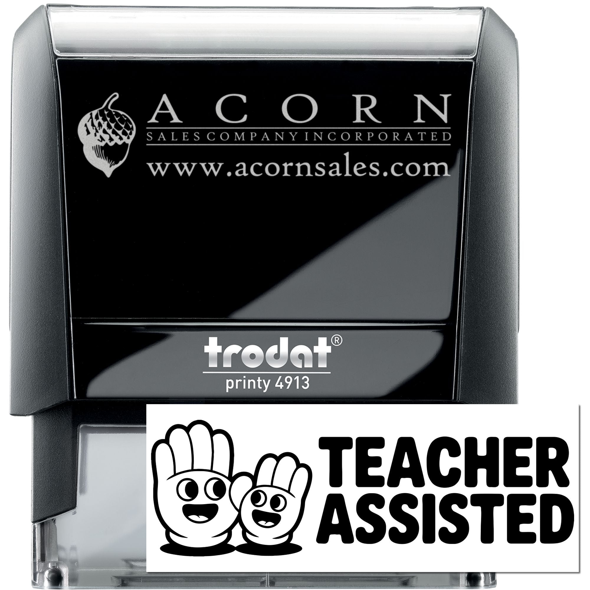 Custom self-inking rubber stamp with Acorn Sales Company logo, website, and Trodat Printy 4913 stamp body.