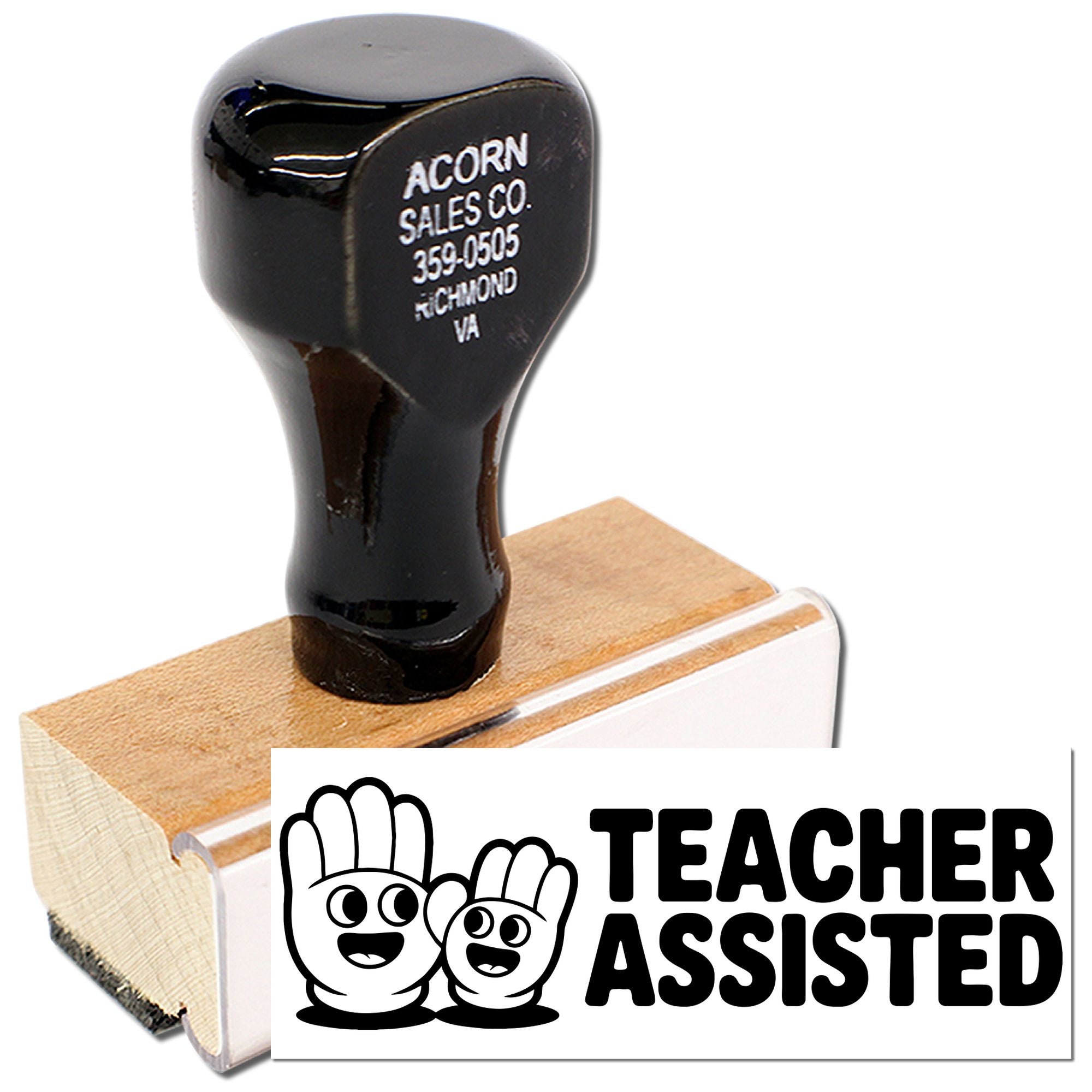 Teacher Assisted rubber stamp with wooden handle, ideal for classroom grading, student work, and school forms.