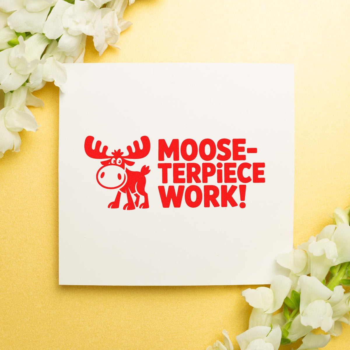 Moose-terpiece Work rubber stamp design with red moose graphic, perfect for funny handmade cards, scrapbooking, and crafts.